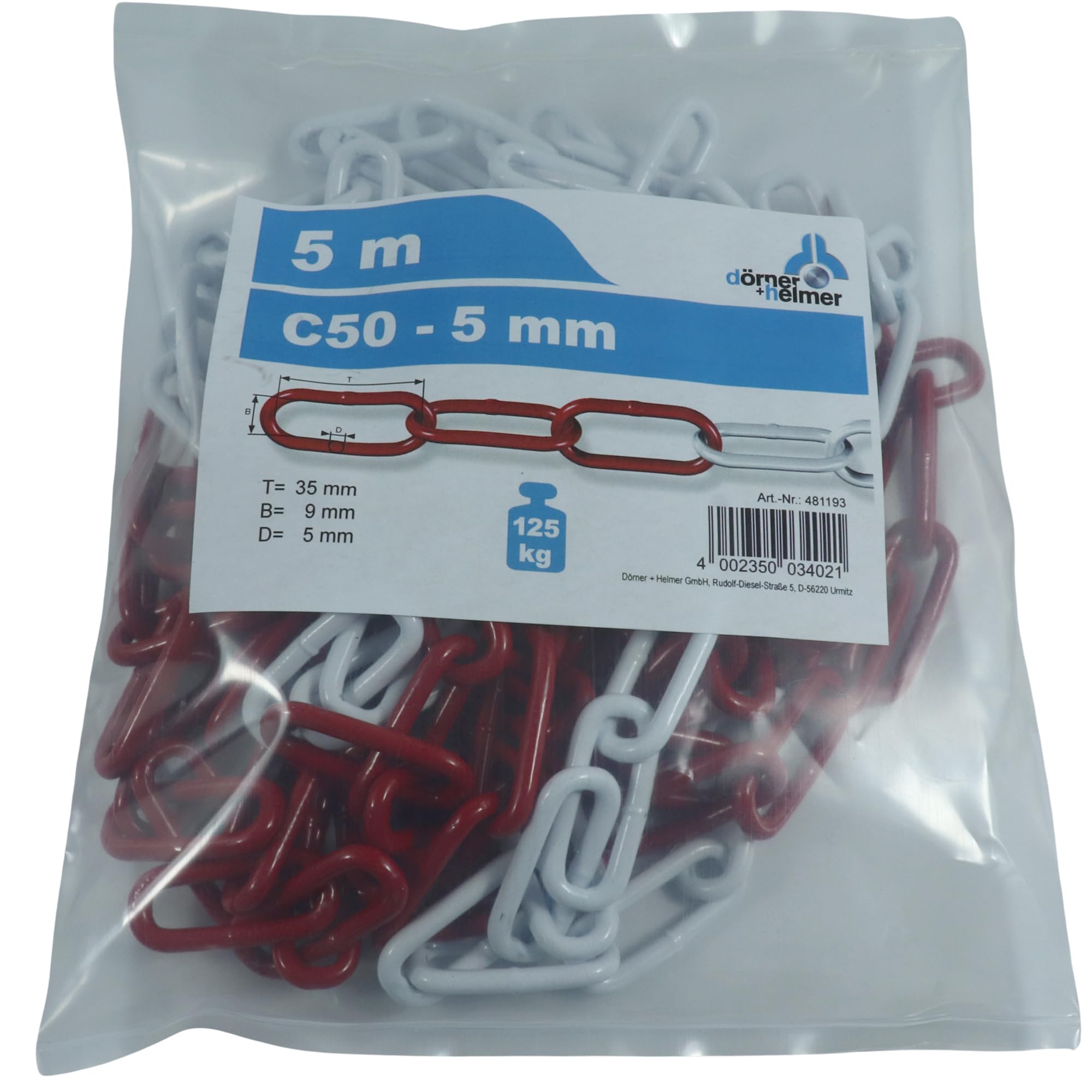 Dörner + Helmer Catena di sbarramento, spessore 5 mm, lunghezza 5 m, acciaio zincato, sbarramento, sacchetto di plastica, a maglie lunghe, rosso/bianco
