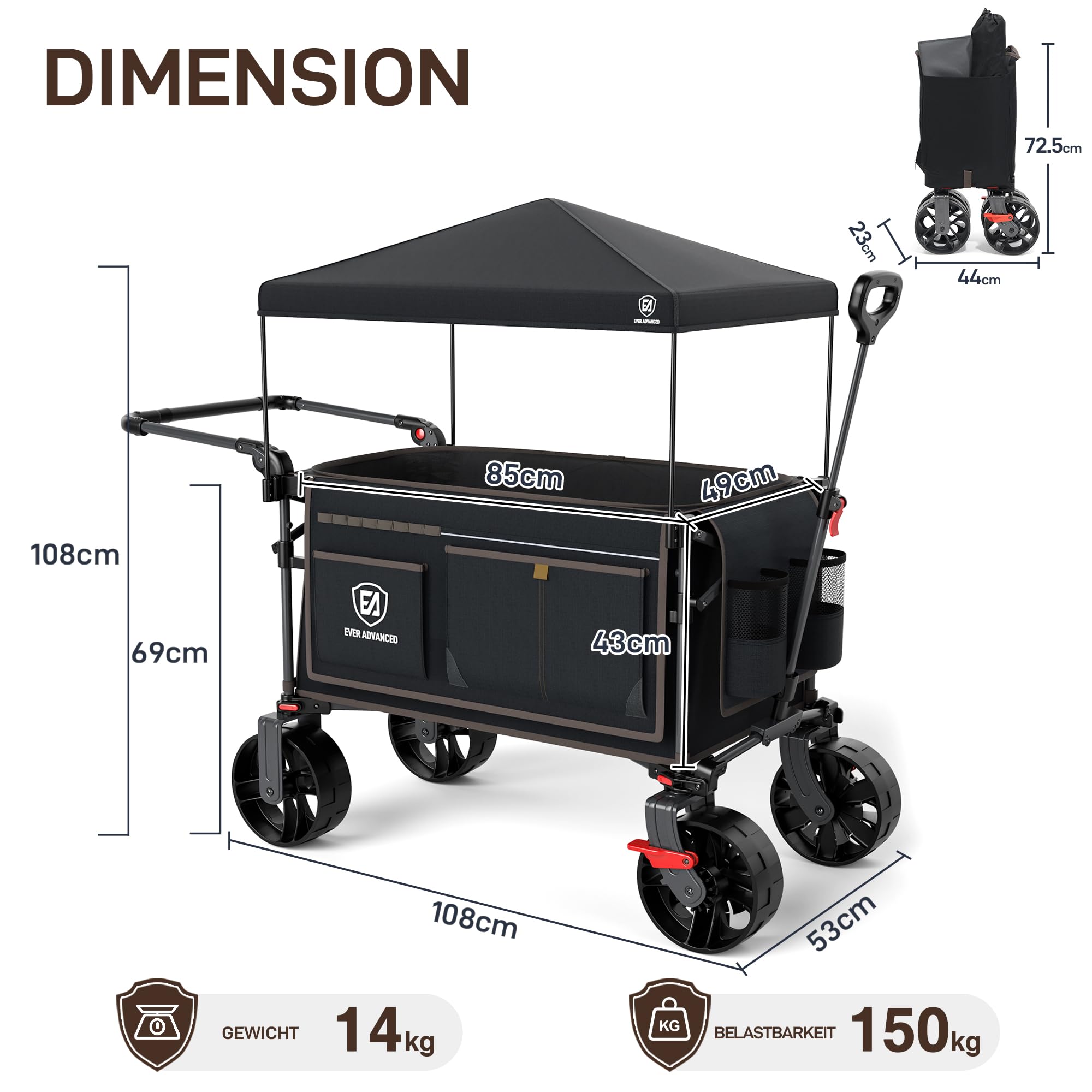 EVER ADVANCED XXL Bollerwagen faltbar 225L bis 150kg mit Bremse Dach Handwagen schieben&ziehen klappbar Strandwagen 20 * 8cm breite Räder Faltwagen für Camping Strand Einkauf Tier Schwarz Groß