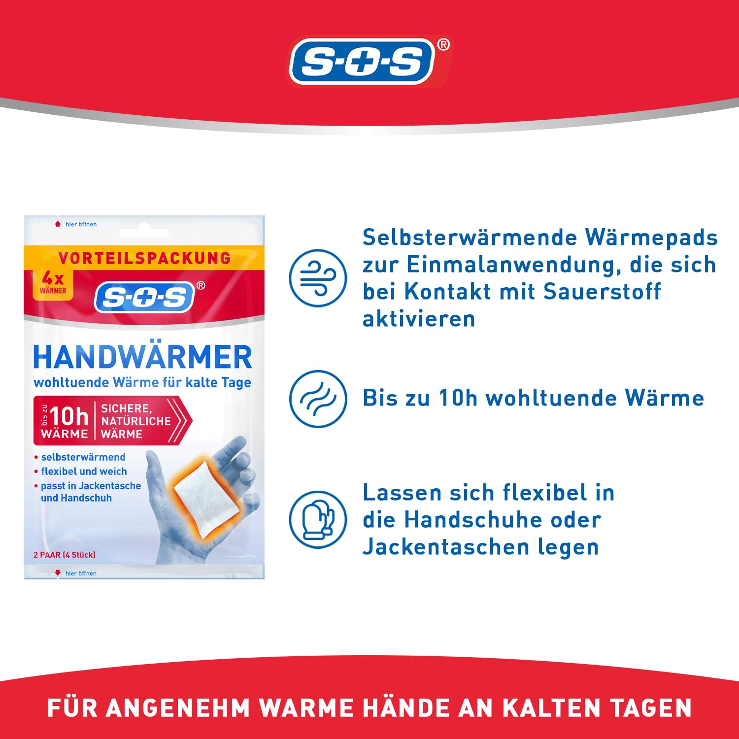 SOS Handwärmer 20 Paar (40 Stück) – Einweg-Wärmepads für bis zu 10 Stunden Wärme – Flexibel und weich – Ideal für Spaziergänge, Sport und kalte Tage – Passt in Jackentasche & Handschuh