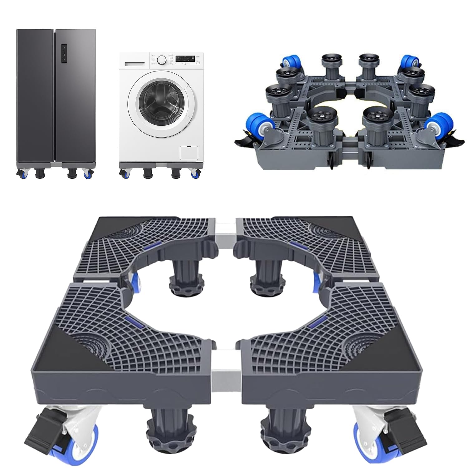 AMERTEER Adjustable Refrigerator Base Stand with Wheels | Heavy-Duty Telescopic Stand for Washing Machines, Refrigerators & Mini Fridges | 4 Locking Wheels & 8 Adjustable Feet (L&W 45-66cm, H 9-12cm)