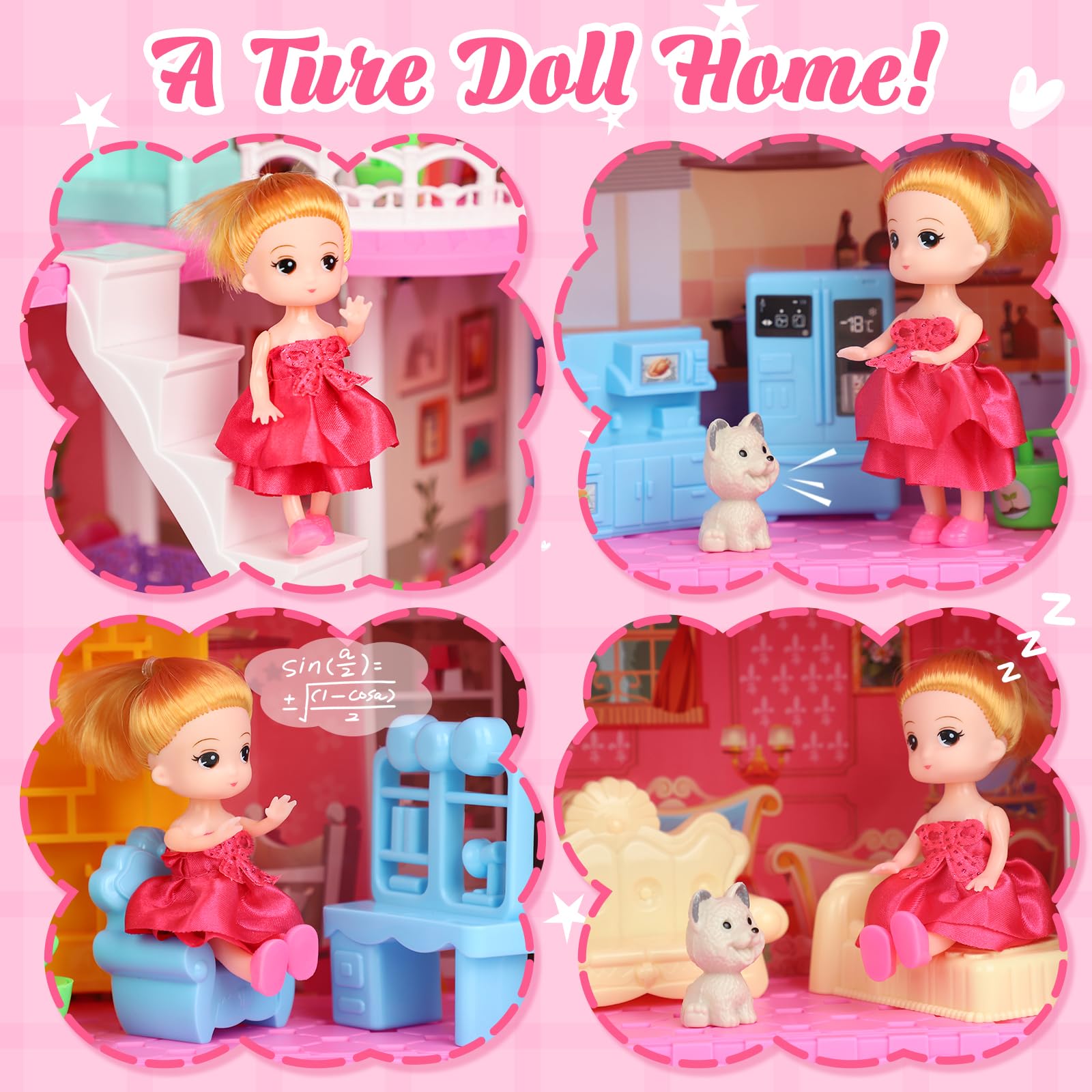 Lehoo Castle Doll House Dreamhome, 4-Story 12 Rooms Dollhouse Playhouse with Doll and Furniture, Pretend Dream Dollhouse Playset Pink Girl Toys, Sturdy Construction, Easy to Move, Ideal Gift Toy