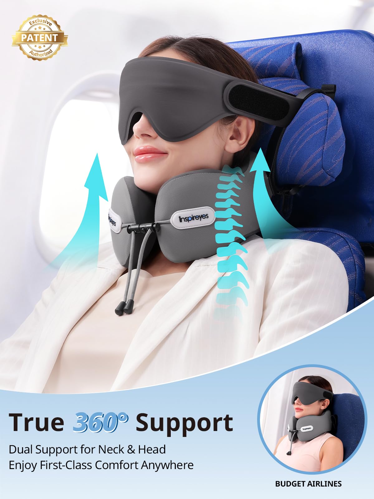 Inspireyes Almohada para el cuello, almohada de viaje con correa de asiento, máscara de dormir 3D, cabeza de cuello de doble apoyo, almohada de avión de espuma de alto apoyo para viajes largos por