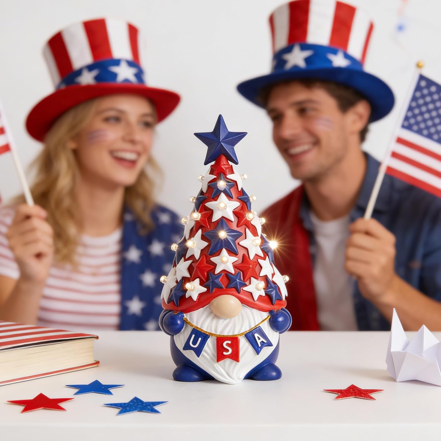 DN DECONATION 4th of July & Memorial Day Decorations with Lights, Patriotic Gnome Decor Lighted Red Blue Independence Day Tabletop Decor USA Resin Gnome with Stars Gifts for Table Tiered Tray