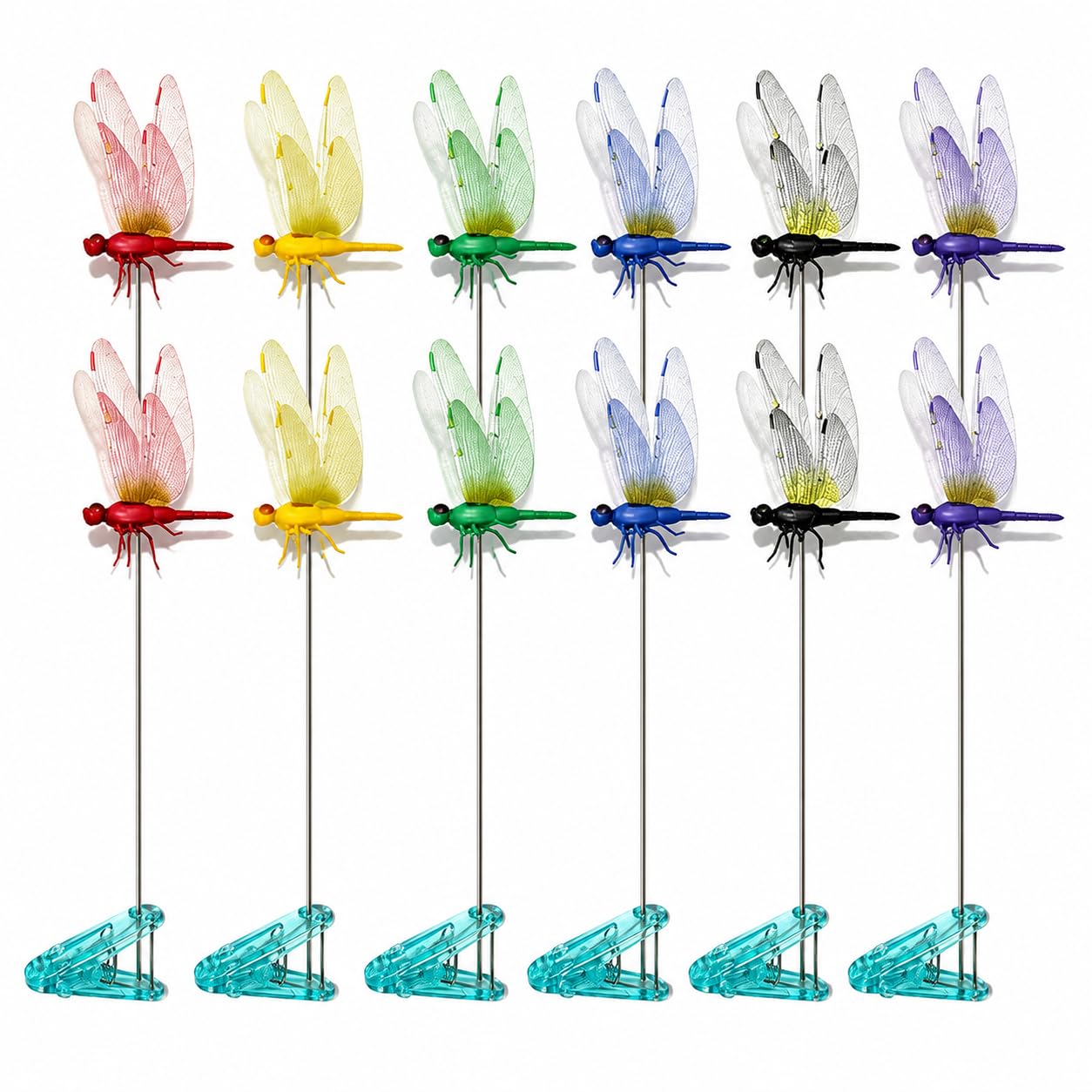 Lunezy 12 Pack Dragon Fly Clips for Bugs Repellent，3D Dragonfly Garden Stakes Decor，Fly Deterrent,Dragonfly Humming Bird Stakes,Deer and Horse,Bird and Fly Scare Devices for Indoor Outdoor Garden