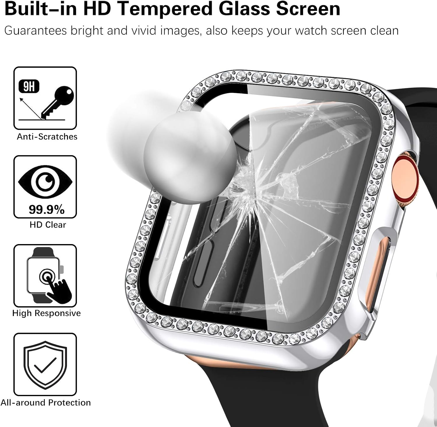 Mastten Diamond Screen Protector Case Compatible with Apple Watch 42mm, Bling Crystal PC Protective Case Bumper with Tempered Glass Screen Compatible with iWatch Series 3/2/1, Silver