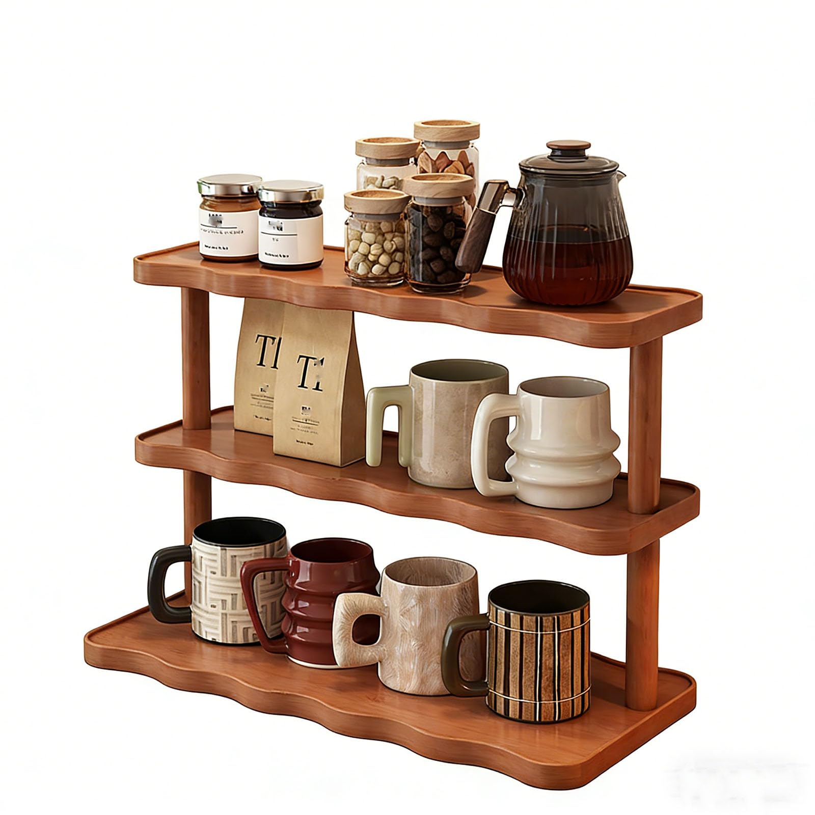 JORCEDI Bamboo multi-Tier Storage Shelf - Space-Saving Wooden Organizer with Large Tabletop, Heavy-Duty Load Capacity for Kitchen, Bathroom & Living Room (Deep tea brown,3 Tier)