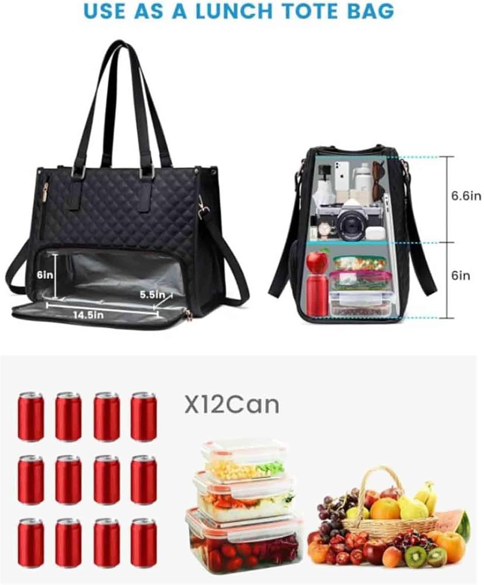 Packuum 3 in 1 Tote Bag, 2025 NEW 2 in 1 Tote Bag Lunch Bag Combo with Insulated Lunch Compartment, 15.6 Inch (Black)