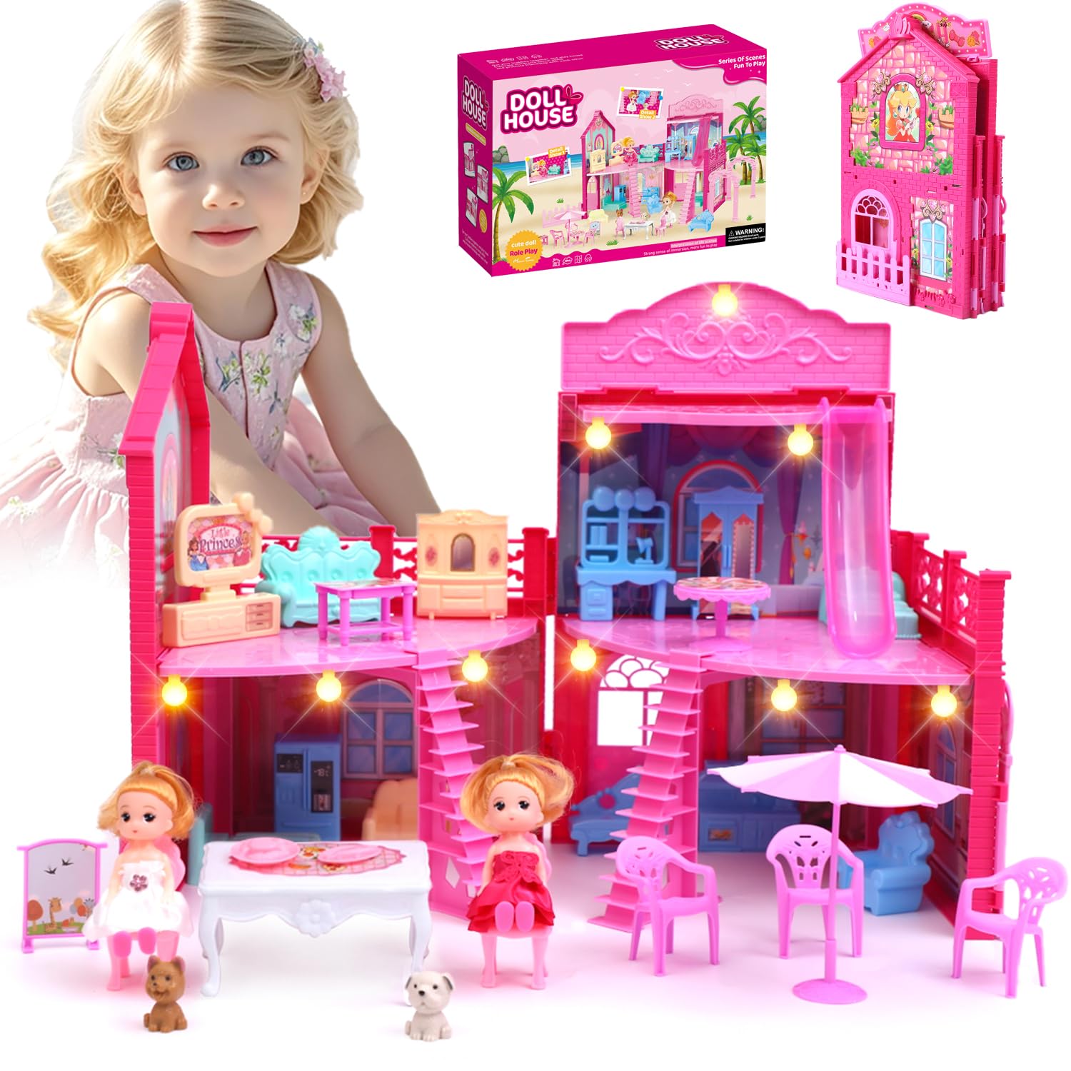 BRAITEN Doll House, with 4 Rooms, 2 Dolls, Toy Furniture Accessories, Pet Play Area?Slide Dollhouse Dlayset, Dollapsible Portable Playhouse with Lights for Little Girls