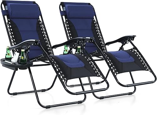 MFSTUDIO Juego de 2 sillas reclinables acolchadas de gravedad cero, sillas plegables para patio con almohadas ajustables y portavasos para patio