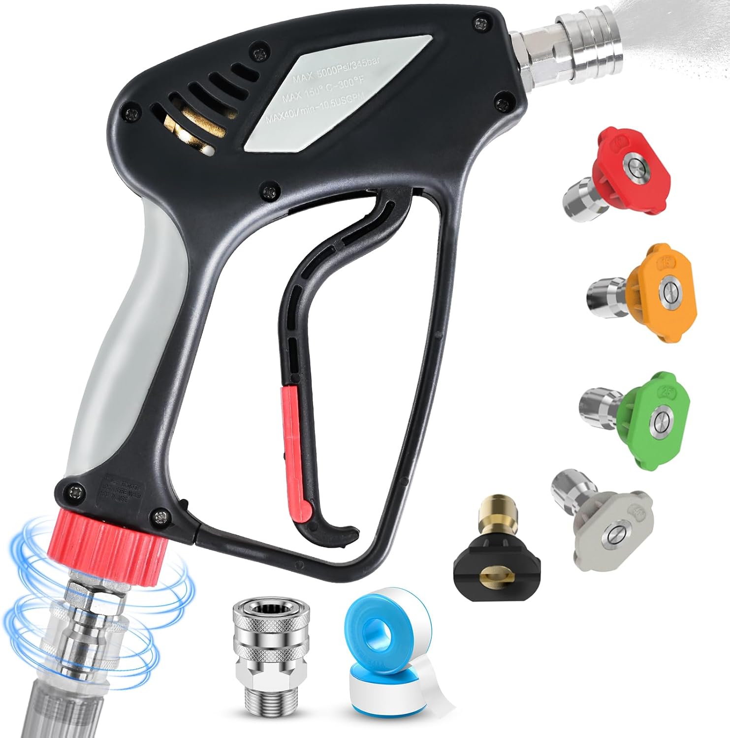 Sealegend Pressure Washer Gun, 5000 PSI / 10.5 GPM High Pressure Washer Gun with 3/8" Swivel Quick Connector, 1/4” Short Car Wash Foam Gun with 5 Nozzle Tips and M22-14mm Stainless Steel Adapter