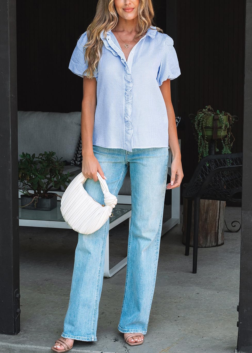 Womens Button Down Shirt Stand Collar Ruffle Top Striped Long Sleeve Shirts Work Tops for Women Trendy - Image 5