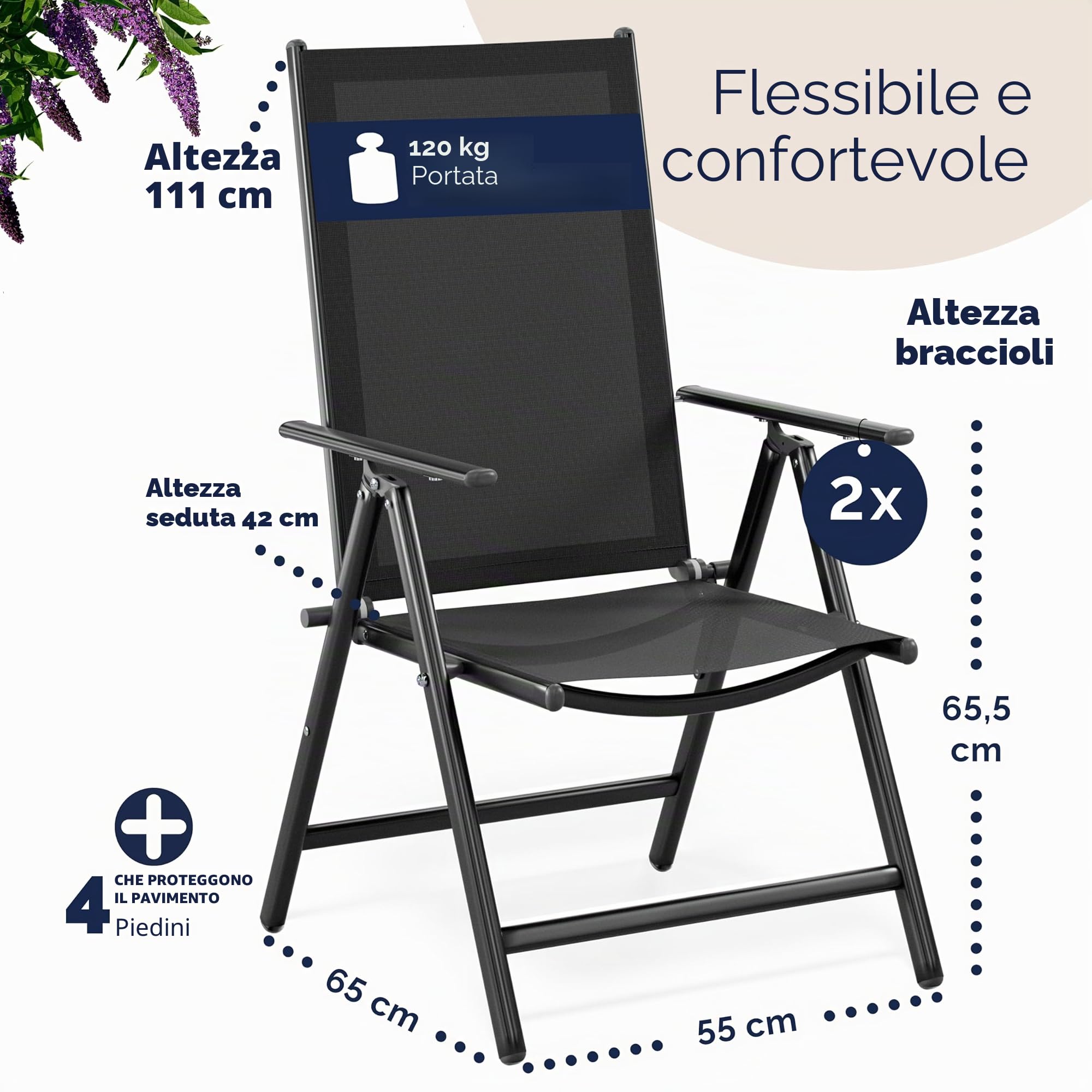 Casaria® Set 2 Sedie Pieghevoli Giardino Alluminio Schienale Alto Regolabile 8 Posizioni Salvaspazio Mobili da Esterno Balcone