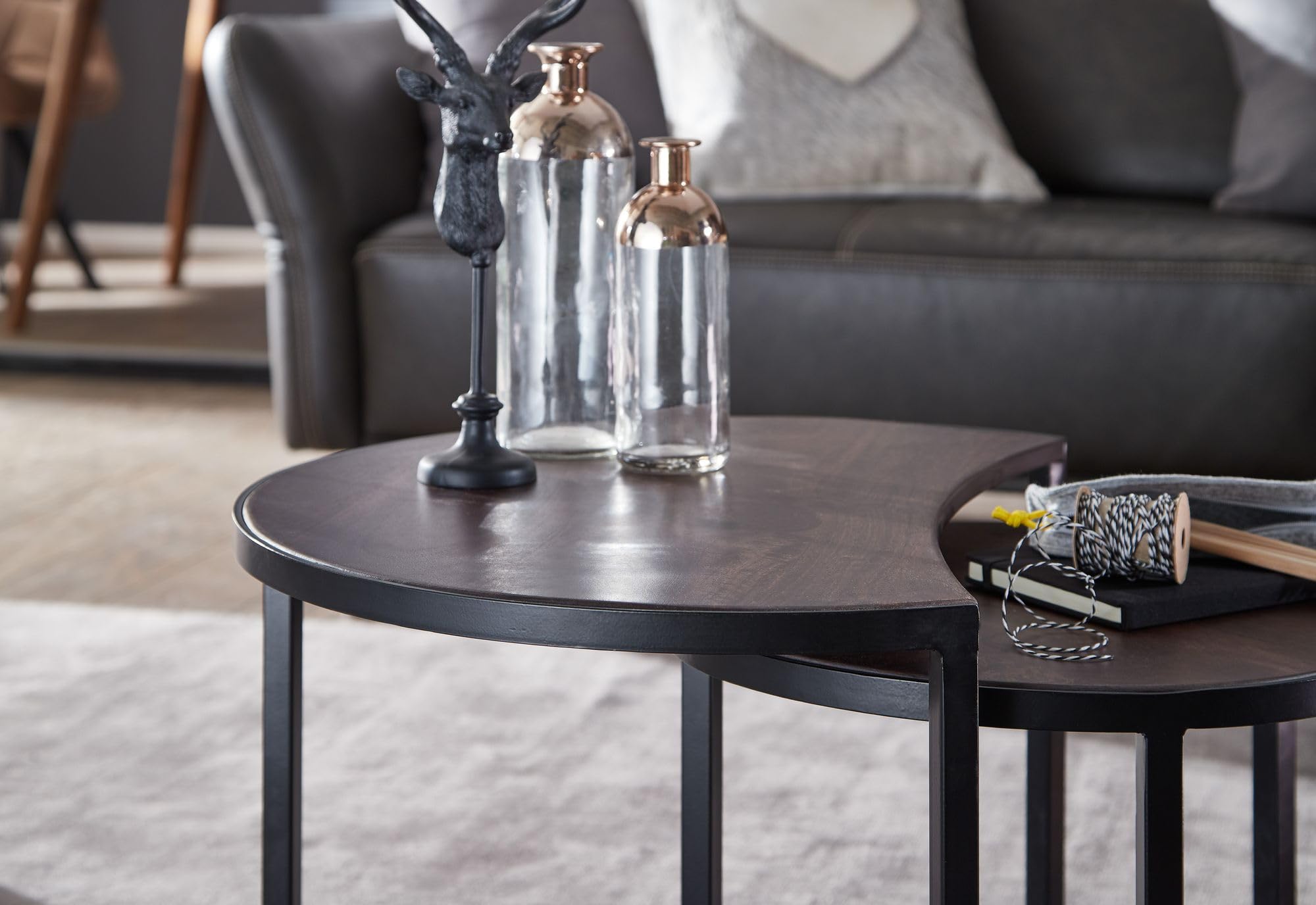 FineBuy Tavolino Set di 2 Mango Massello Rotondo Nero, Tavolini Impilabili | tavolini in stile industriale con struttura in metallo, tavolini da soggiorno in vero legno, pezzi unici fatti a mano