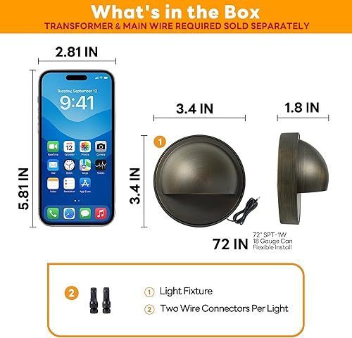 Miniatura 7 de Gardenreet Luces LED de bajo voltaje, luces LED de latón macizo, 12 V, cableadas IP65, impermeables, iluminación redonda de bronce para valla de