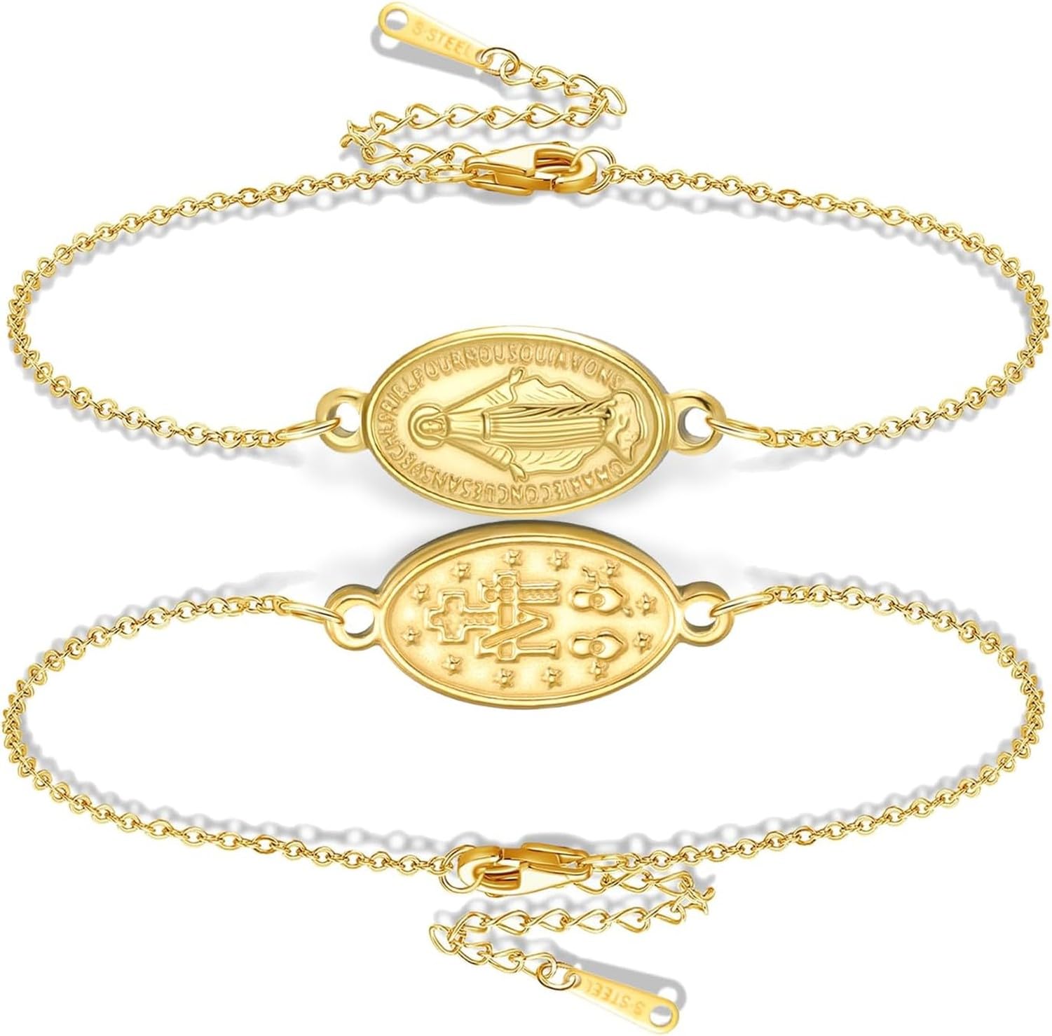 Eouyt Double Sided Rosary Bracelet for Women Men with Virgin Mary Medal Handmade Braided Rope Religious Jewelry Catholic Christian Gift, Gold 1