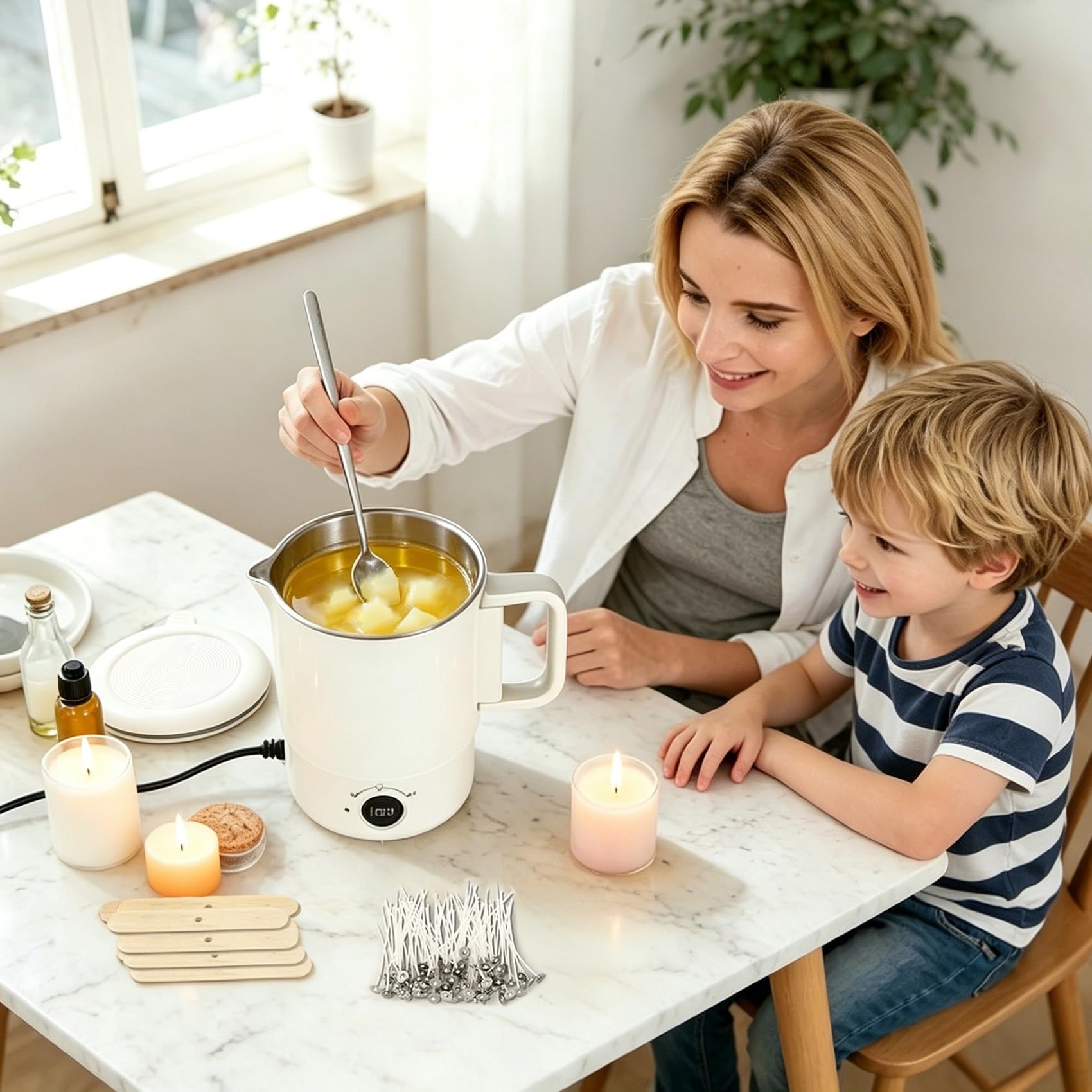 Kit de suministros para hacer velas con olla de fusión de cera, calentador eléctrico pequeño de cera de 27 onzas con termómetro y boquilla de vertido para hacer jabón para principiantes, adultos