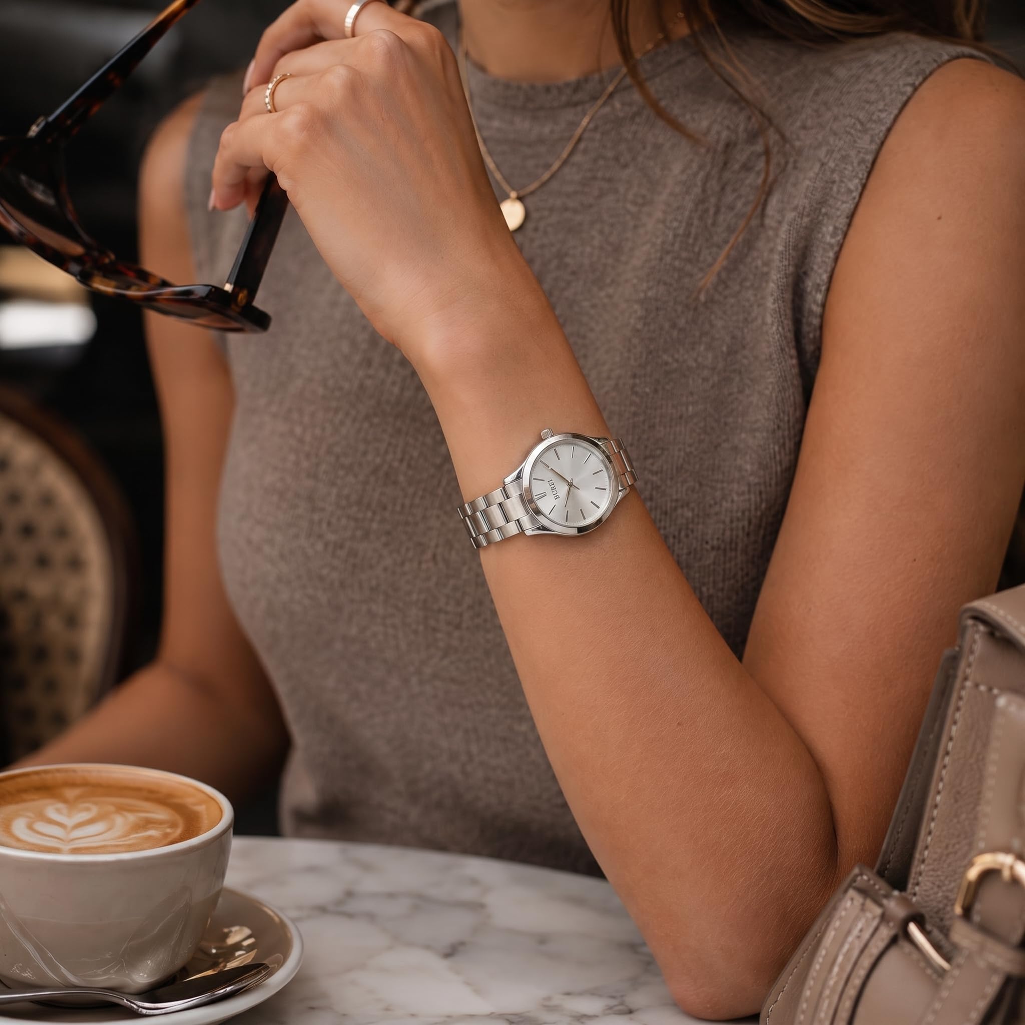 BUREI Reloj de Pulsera analógico Minimalista de Cuarzo para Mujer, clásico, Acero Inoxidable, Regalo para Mujer