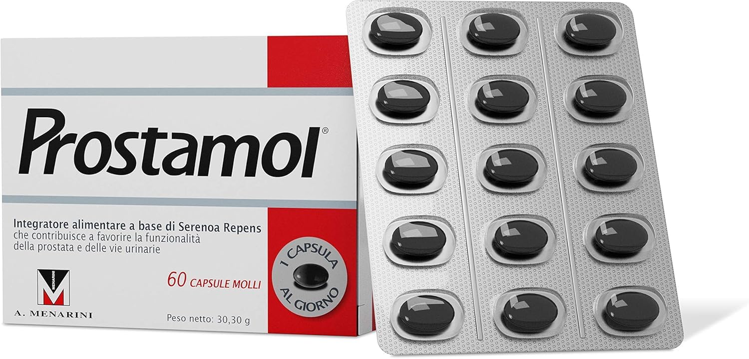 Prostamol 60 Capsule Molli - Integratore Alimentare a base di Serenoa repens (320 mg) per la Funzionalità della Prostata e delle Vie Urinarie. Senza Glutine.