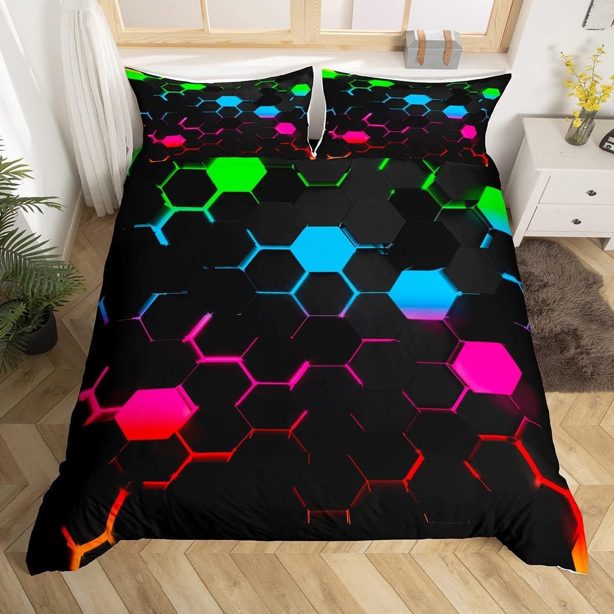 Manfei 3D Geometric Printed Duvet Cover Set King Size,Colorful Honeycomb Bedding Set 3pcs for Boys Girls, Blue to Pink Ombre Quilt Covers, 2 Pillowcases, No Comforter