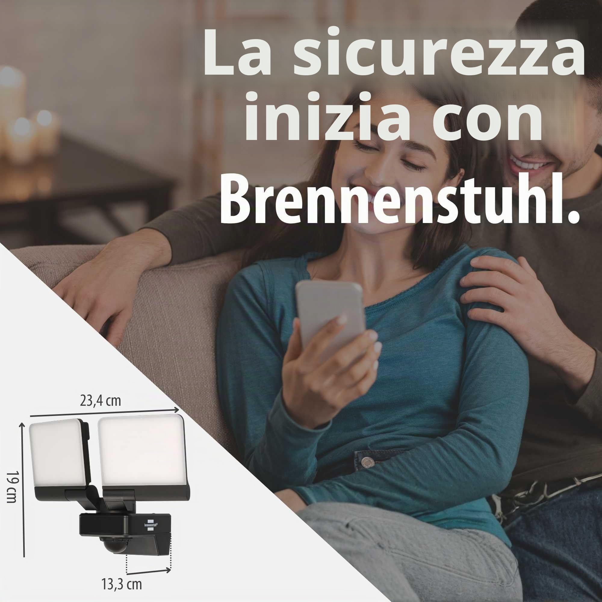 Brennenstuhl Connect WiFi Faretto LED doppio WFD 3051 P con rilevatore di movimento (36 W, 4300 lm, IP54, varie funzioni di luce regolabili tramite app, faretto da esterno per montaggio a parete)