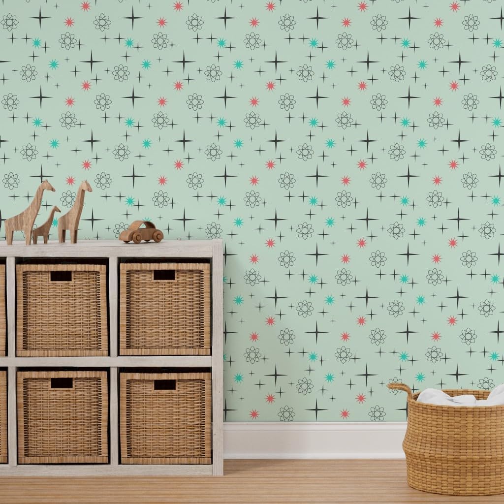 Removable Wallpaper 3ft x 2ft - Atomic Mint Mid Century Modern Retro Stars Science Custom Pre-Pasted Wallpaper by Spoonflower