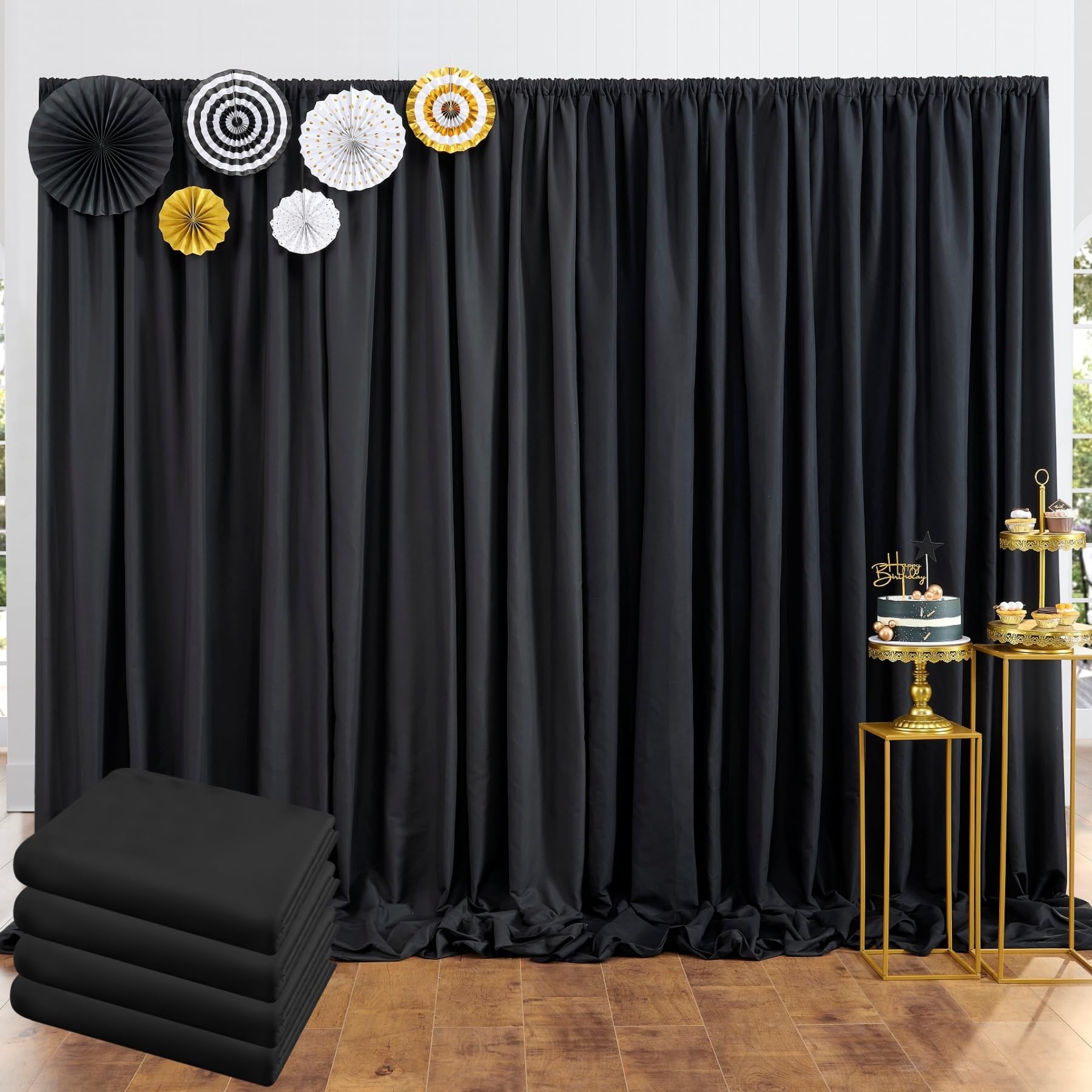 Lot de 4 panneaux de rideaux non transparents en tissu non transparent pour photographie de mariage, fête de mariage, décoration d'intérieur - 3 x 6 m d'épaisseur - Noir