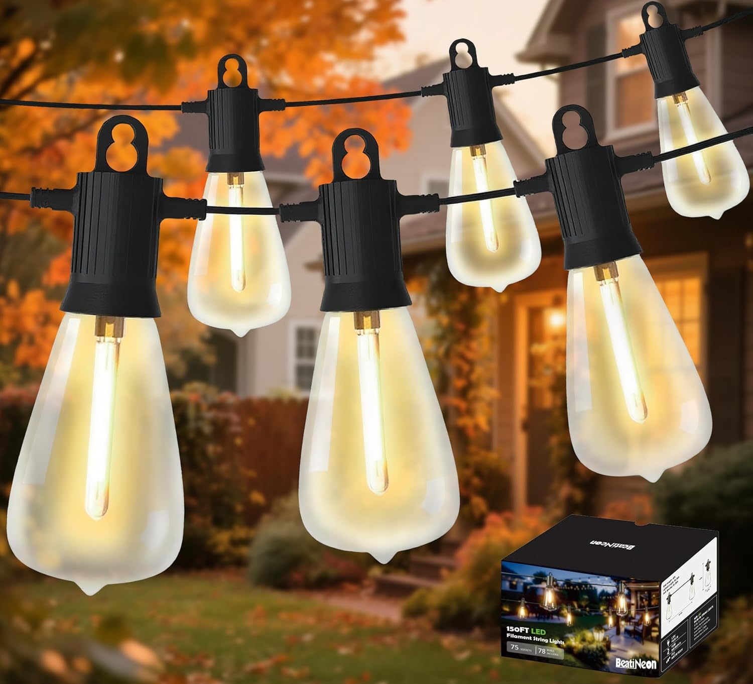 LED-Lichterkette für den Außenbereich, 30 m, Terrassenlicht mit 52 bruchsicheren ST38-Edison-Glühbirnen, wasserdichte Außenleuchte für Urlaub, Veranda, Deck, Garten, Hinterhof, Balkon, 2700