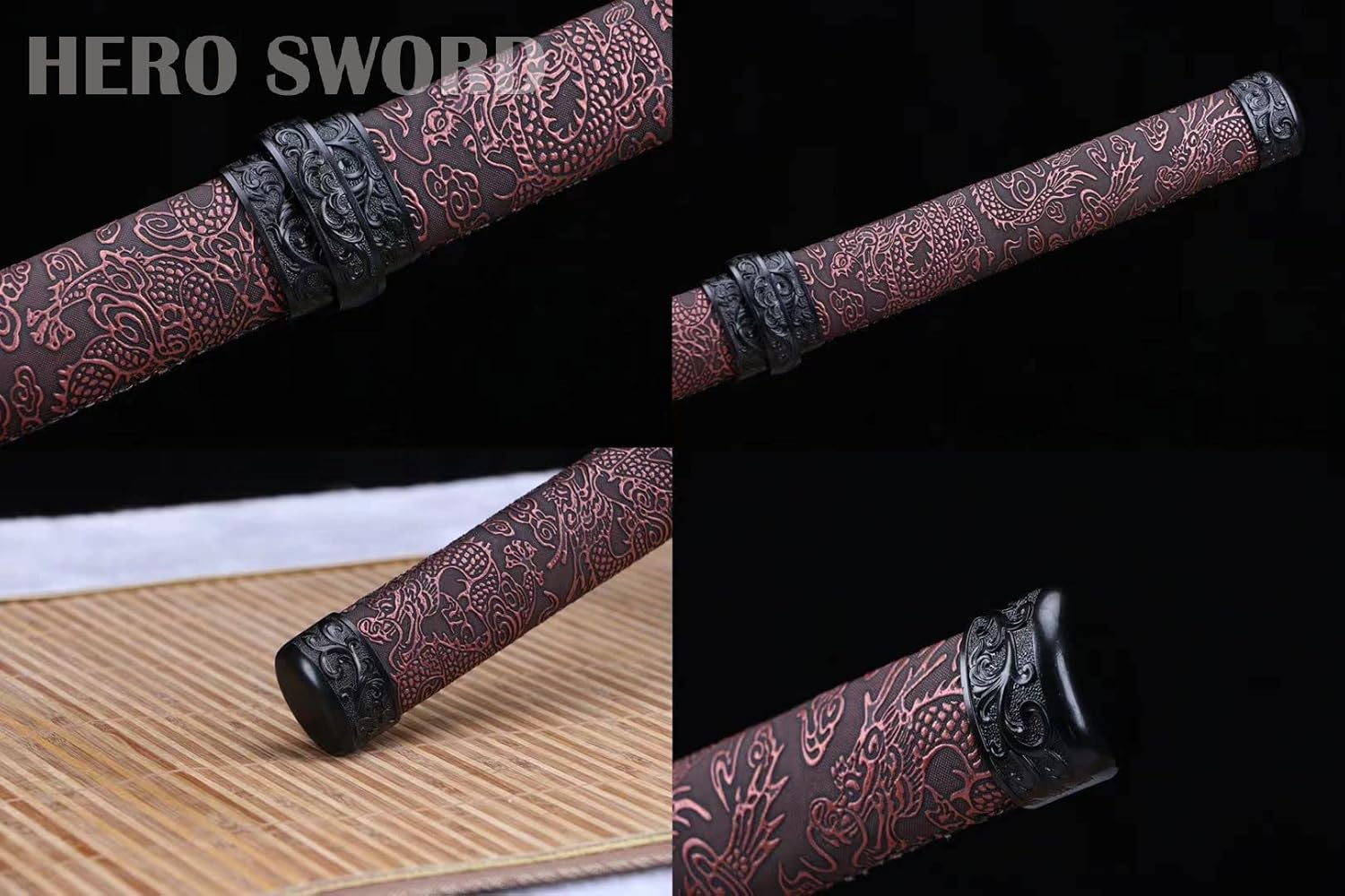 Black Dragon Ninja Blue Red Damascus Folded Steel Japanese Samurai Sword Straight Blade Katana Sharp Knife