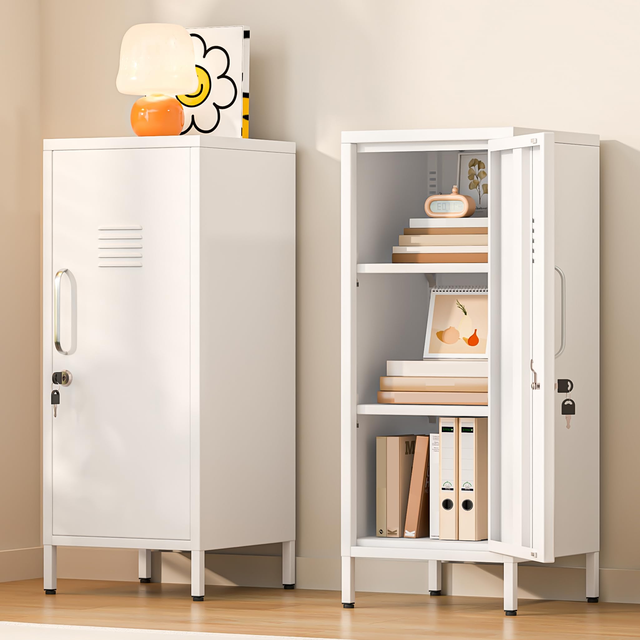 Metal Storage Locker,35.4" H Home Office Storage Lockers for Employees with 1 Locking Door ＆ 2 Adjustable Shelves,File Storage Cabinets forGarage, School, Office, Gym (White)