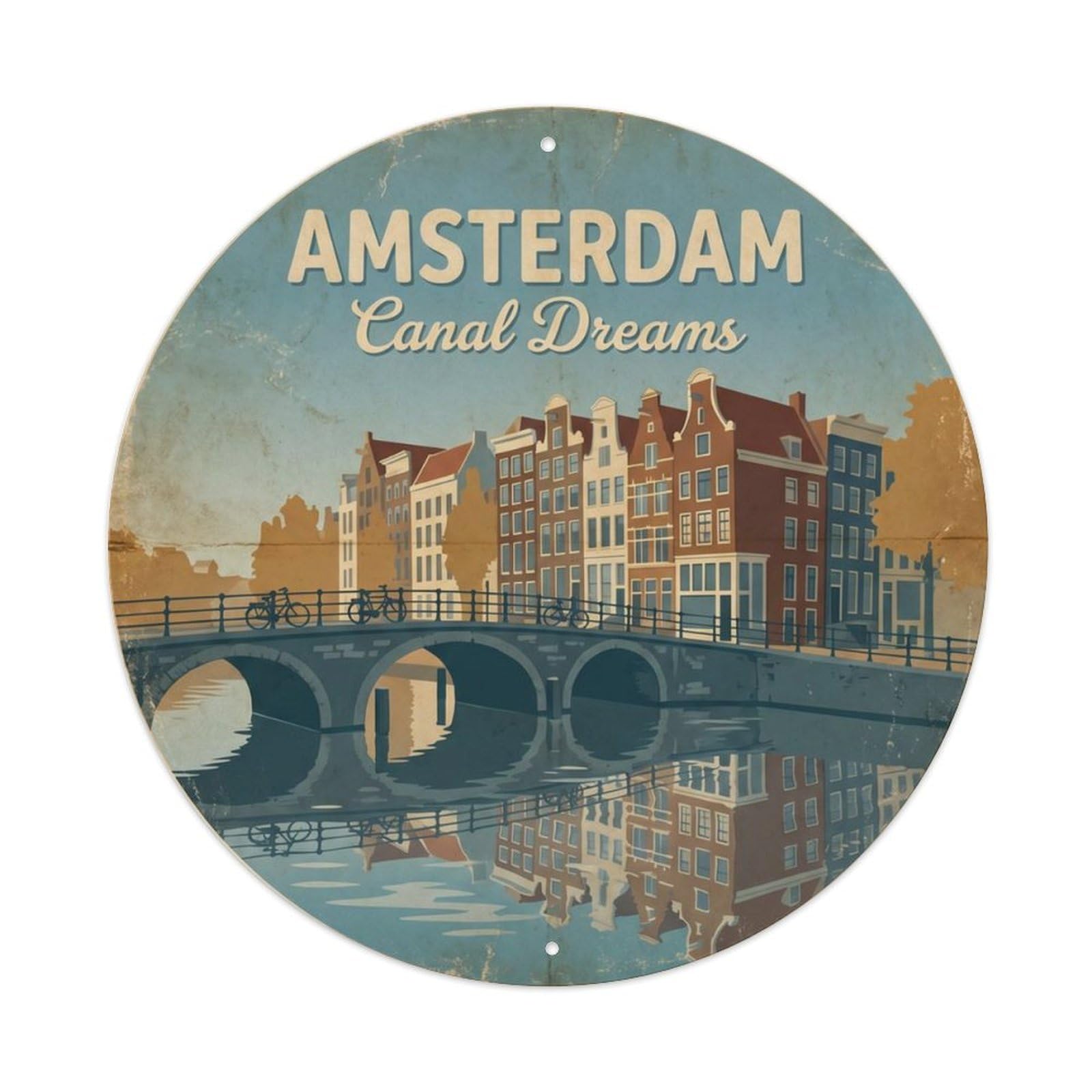 Vintage Travel Amsterdam Canals Holland Metal Tin Sign Plaque Wall Decor for Cafe, Club, Garden Round Metal Poster 8x8Inch