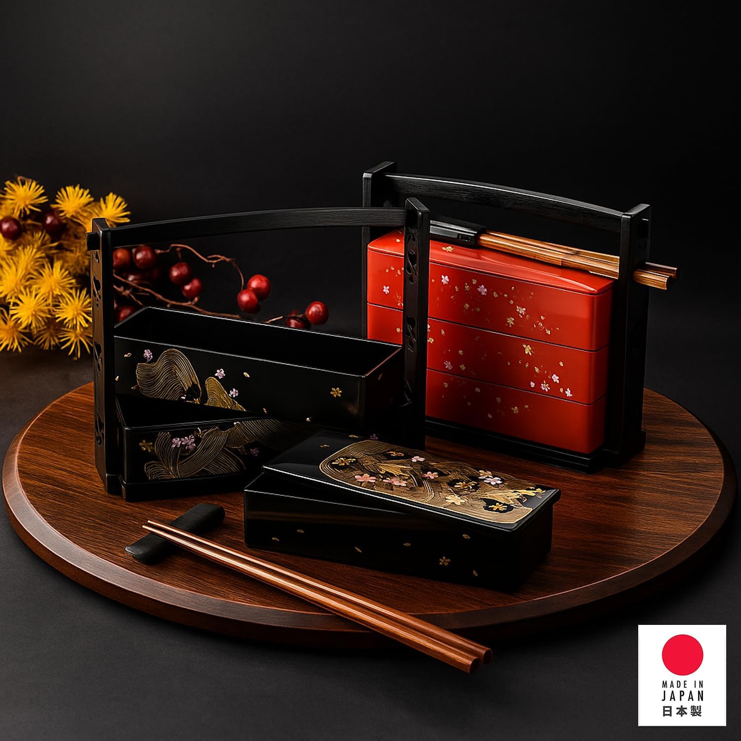 JapanBargain 1951, Made in Japan Three-Tier Japanese Lunch Bento Box with Chopsticks, Lacquered Sakura Cherry Blossom Design - Image 6