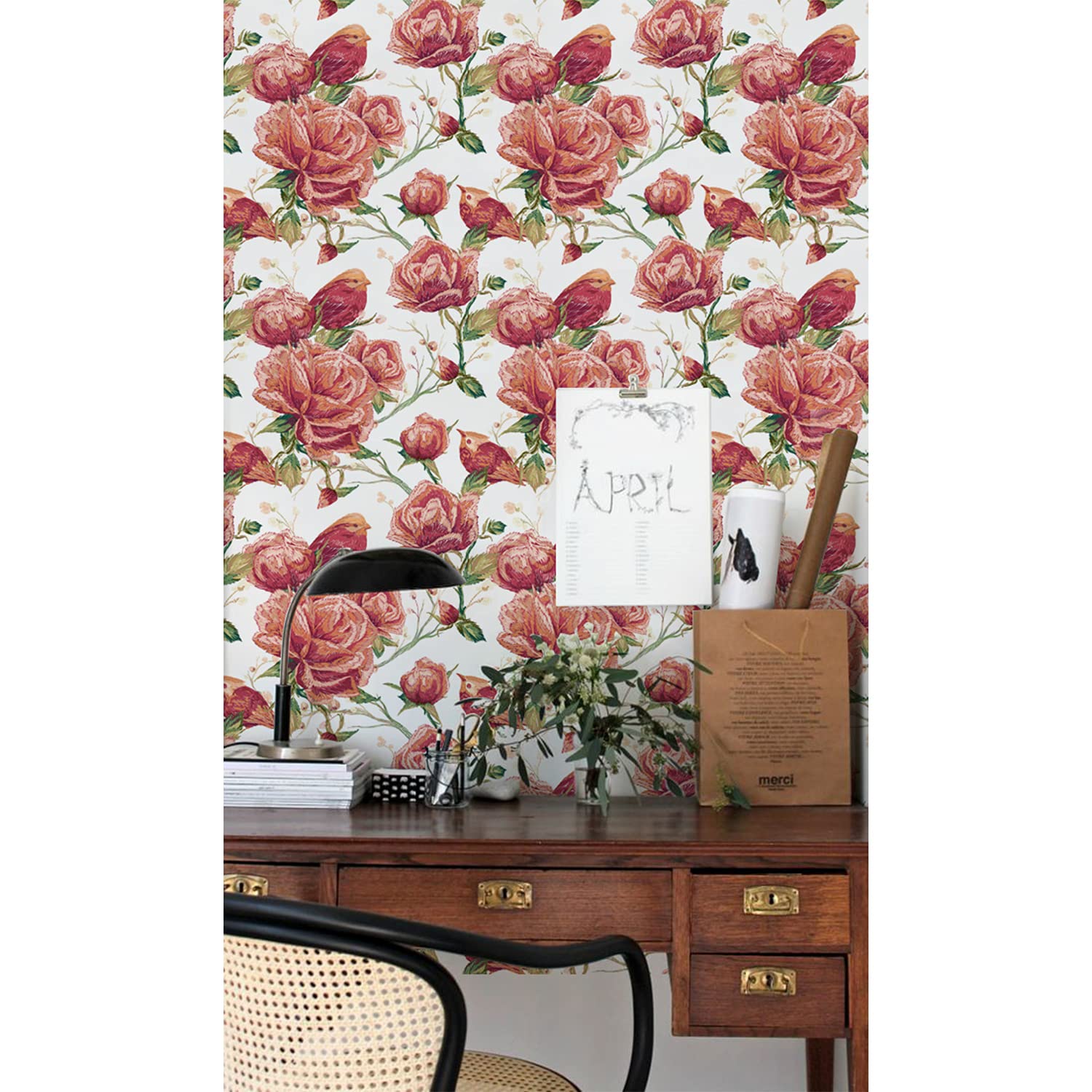 Papier Peint Fleurs d'Oiseaux Rouges pour Chambre et Salon Ambiance Nature Romantique