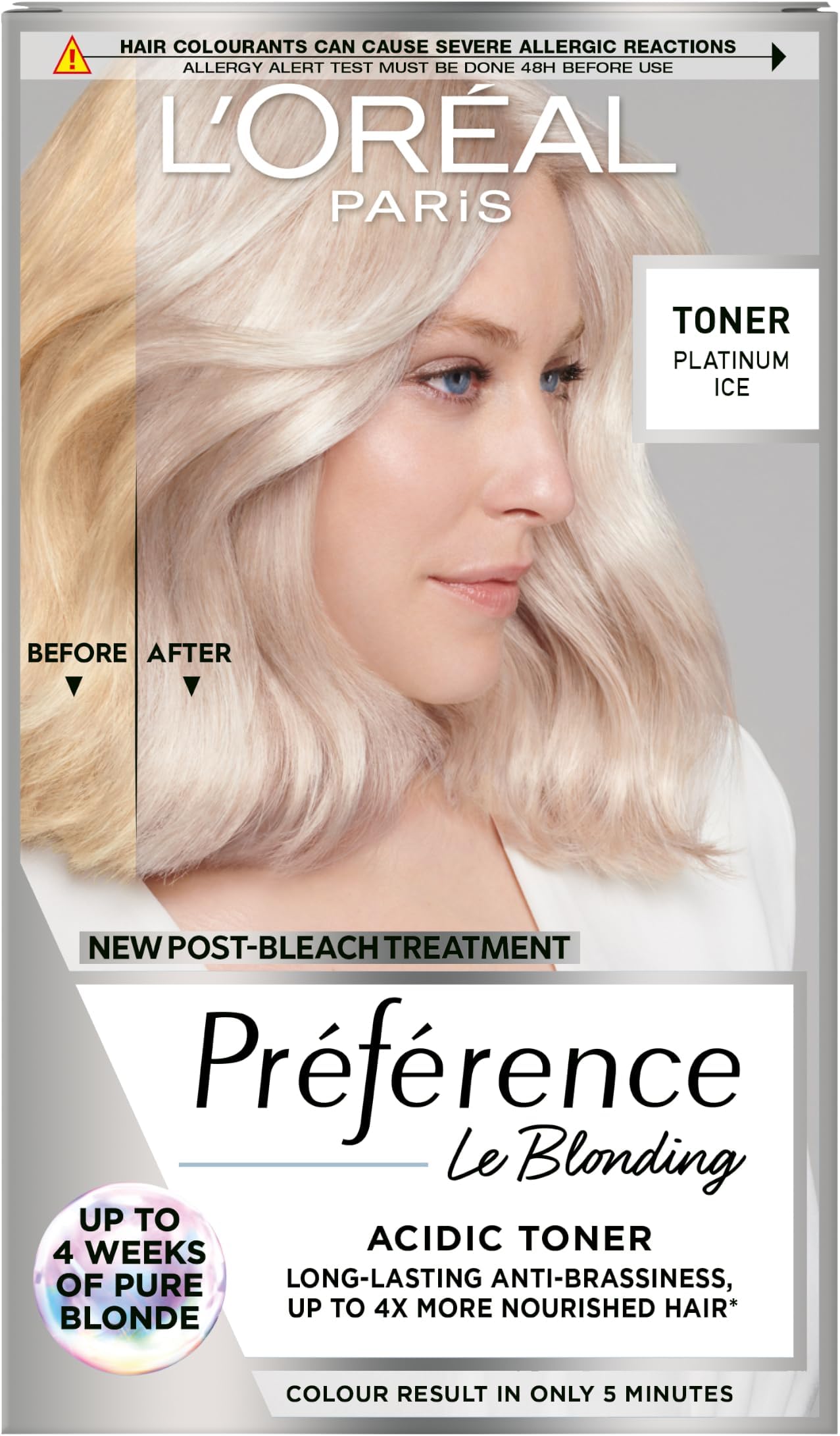 Preference Le Blonding Acidic Toner Platinum Ice: No Ammonia, Long-Lasting Anti-Brassiness Post-Bleach Treatment. Achieve a brilliant platinum ice blonde by neutralising yellow tones effectively.