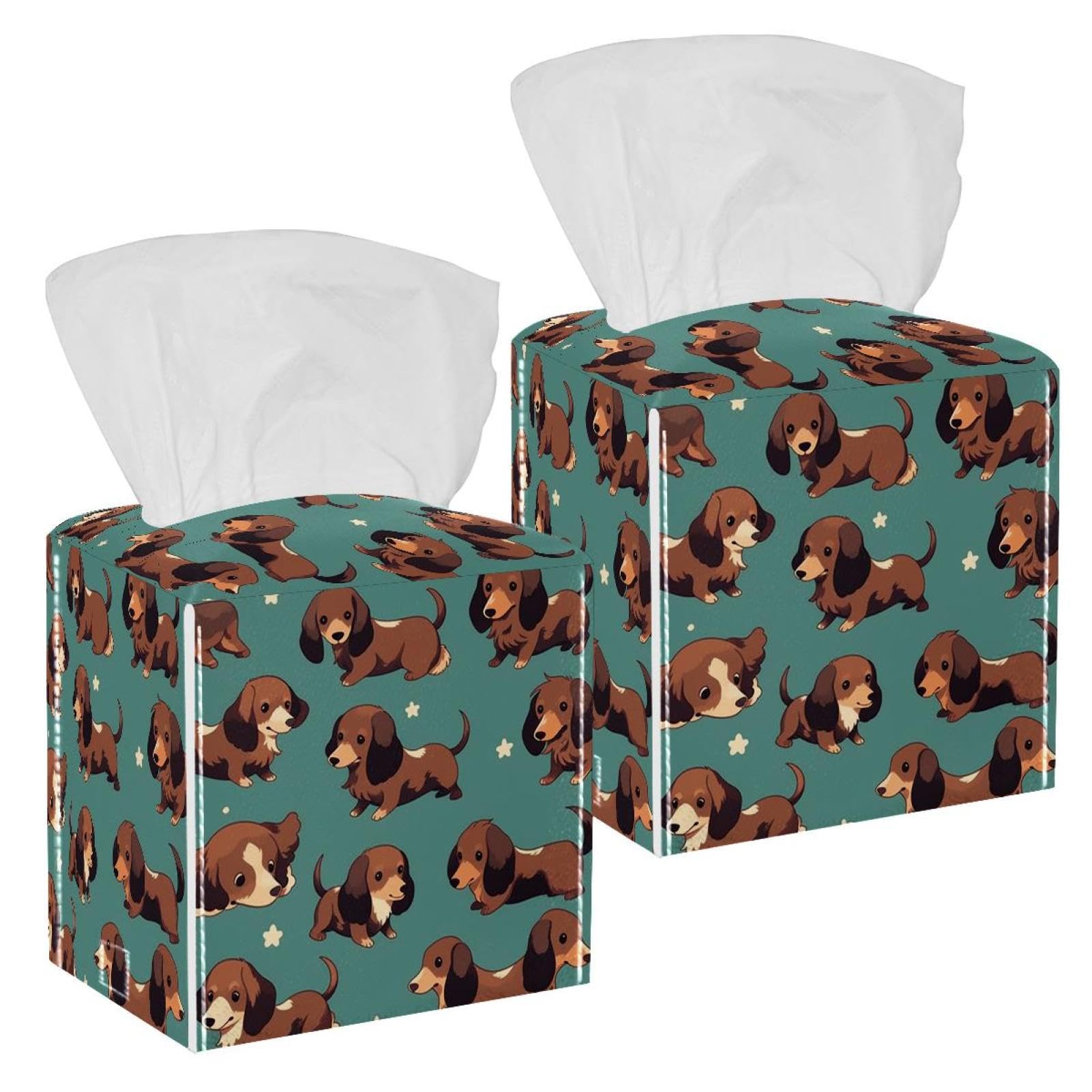 Cartoon Dog Tissue Box Cover, 2 Pack PU Leather Square Facial Tissue Dispenser Box holder for Home Office Car