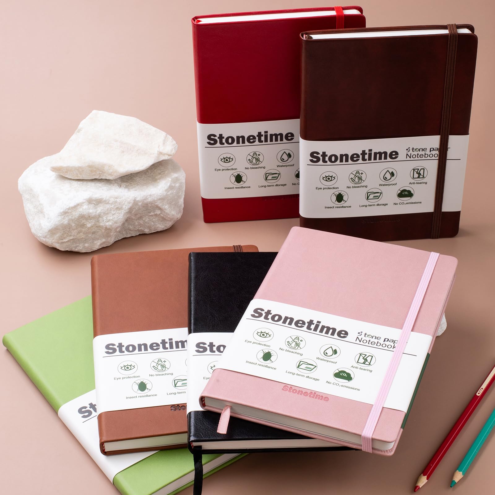 Stonetime Stone Paper Notebook per Donne Uomini, A5 Notebook Impermeabile con Copertina Rigida Diario Esecutivo, Quaderni a Righe per Lavoro, Affari, Scrittura, Scuola, 160 Pagine (Verde)