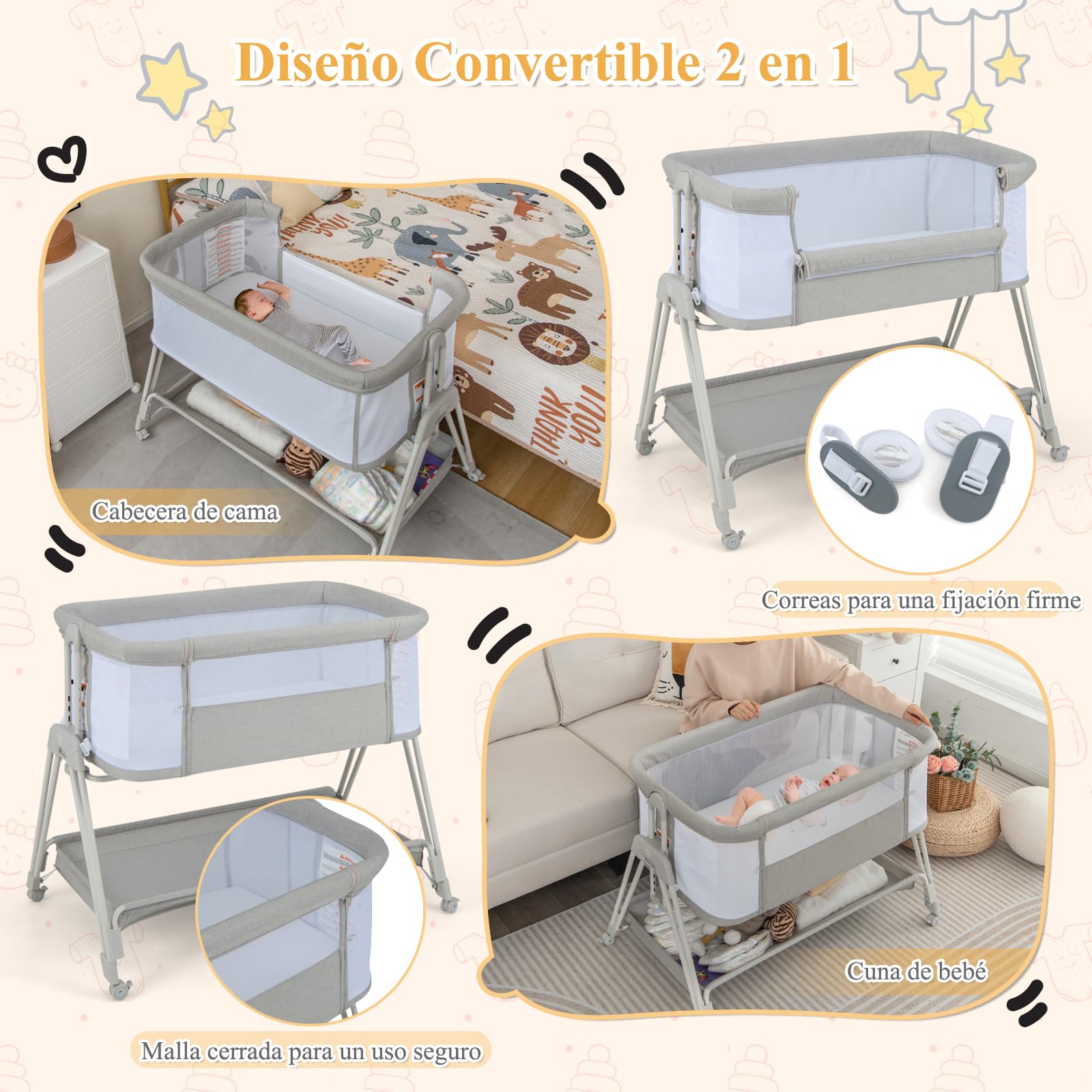 GOPLUS Cuna Cama de Bebé con Inclinación y 7 Alturas Ajustables, Cuna Plegable con Ventana de Malla y Estante de Almacenaje, Ruedas con Freno, 0-6 Meses (Gris Claro)