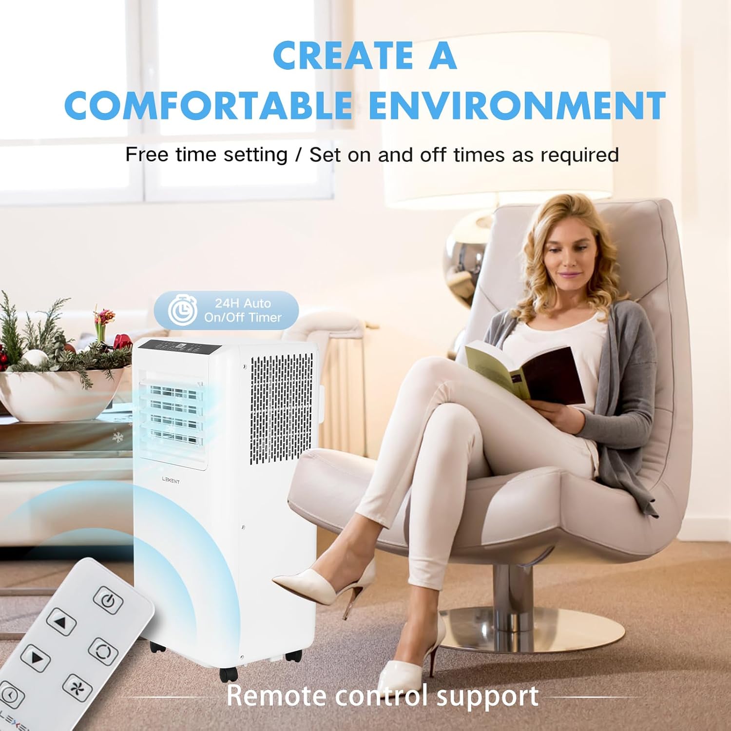 Image showing a woman using the remote control to operate the LEXENT portable air conditioner in a living room setting, emphasizing ease of use.