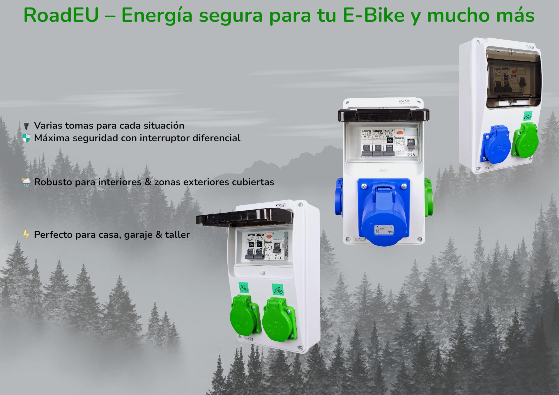 RoadEU Cuadro Eléctrico Híbrido de Pared | Toma CEE 32A 3P, Schuko & Enchufe E-Bike | Diferencial Tipo A 30mA & Magnetotérmicos | IP44