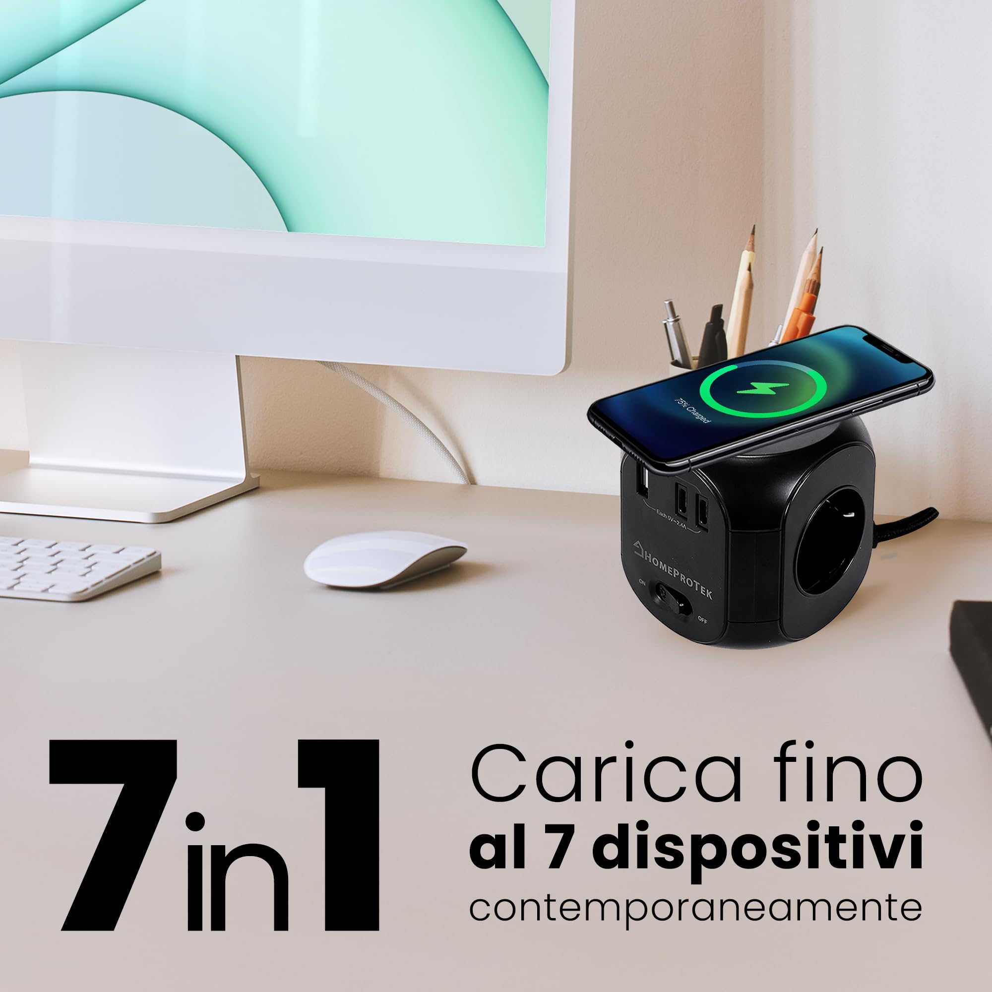 HOMEPROTEK Ciabatta Multipresa Con USB : Power Cube Con Caricatore Wireless, 3 Prese AC, 2 Porte USBC, 1 Porta USBA, Interruttore - Ciabatta Elettrica Compatta e Versatile per Casa e Ufficio - Nero