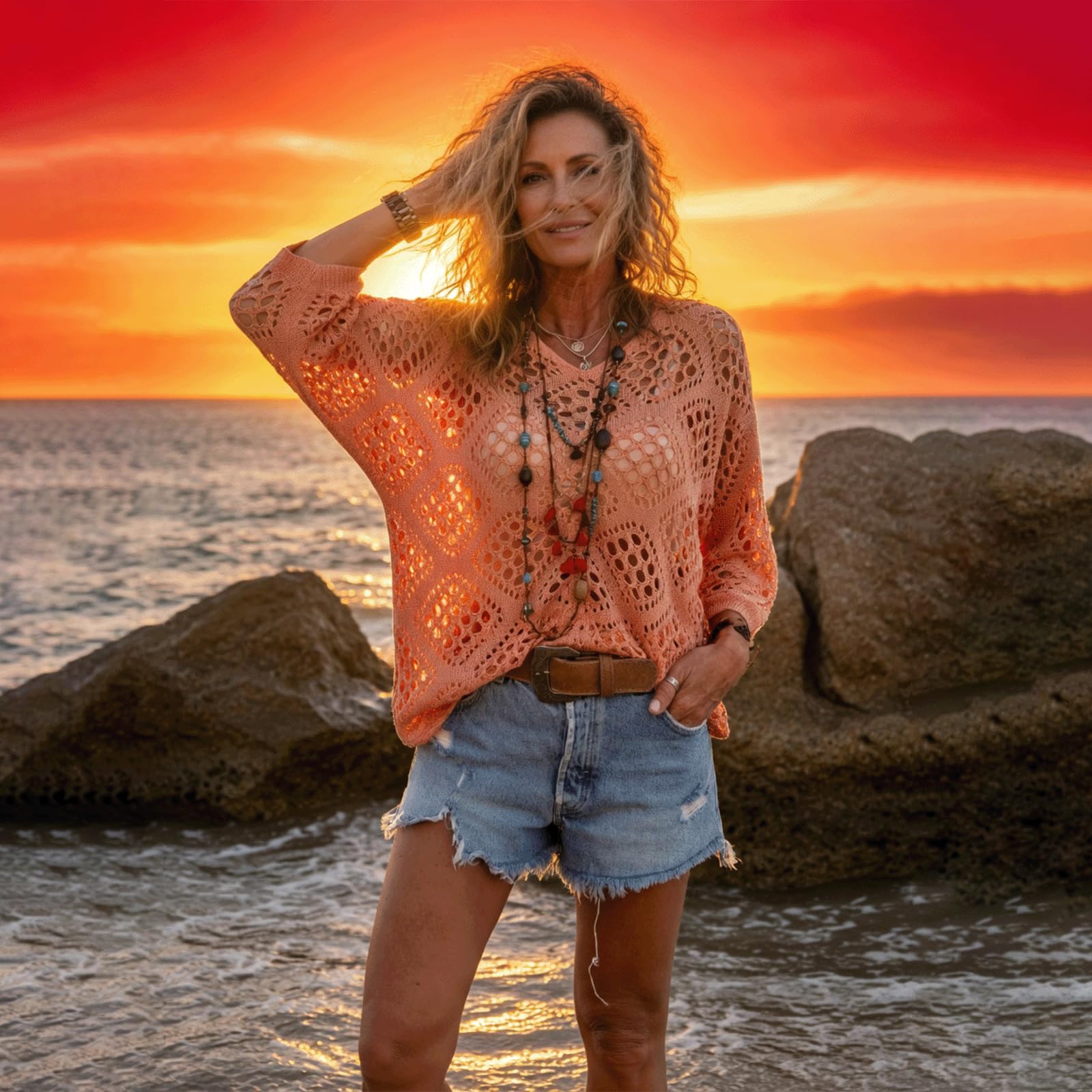 Top de Ganchillo Beige para Mujer Estilo Bohemio – Camisola de Punto Calado con Escote en V – Jersey de Verano Ligero y Suelto