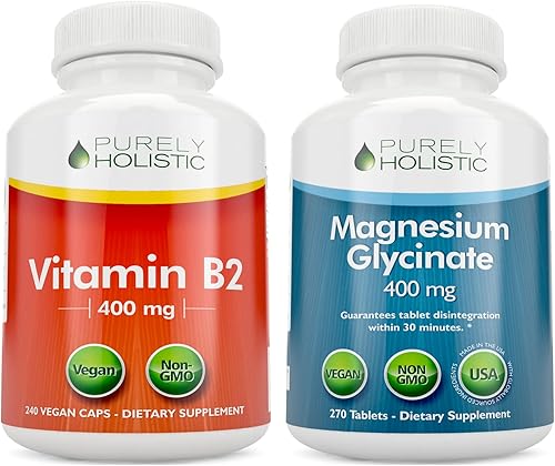 Purely Holistic Vitamina B2 Riboflavina 400mg + Magnesio Glicinato 400mg Bundle – 510 Cápsulas Veganas – Hecho en los Estados Unidos