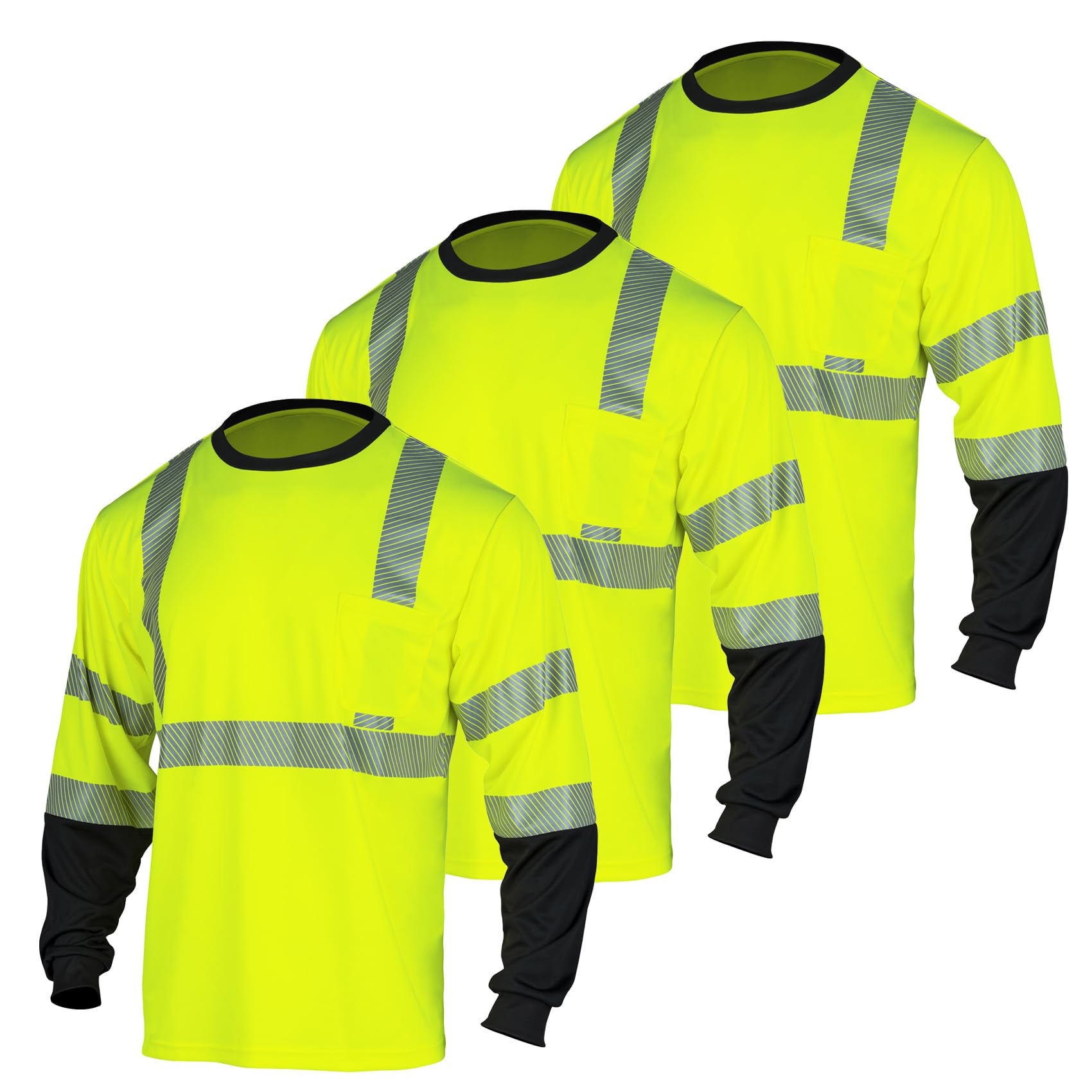 VENDACE 3pcs Safety Reflective Hi Vis Long Sleeve Shirts for Men ANSI Class 3 High Visibility Construction Work T Shirts (Yellow,XL)