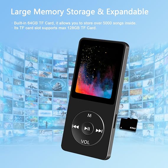 64GB MP3 Player with Bluetooth and HD Speaker, Lightweight Size for Sports