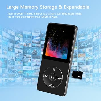 64GB MP3 Player with Bluetooth and HD Speaker, Lightweight Size for Sports