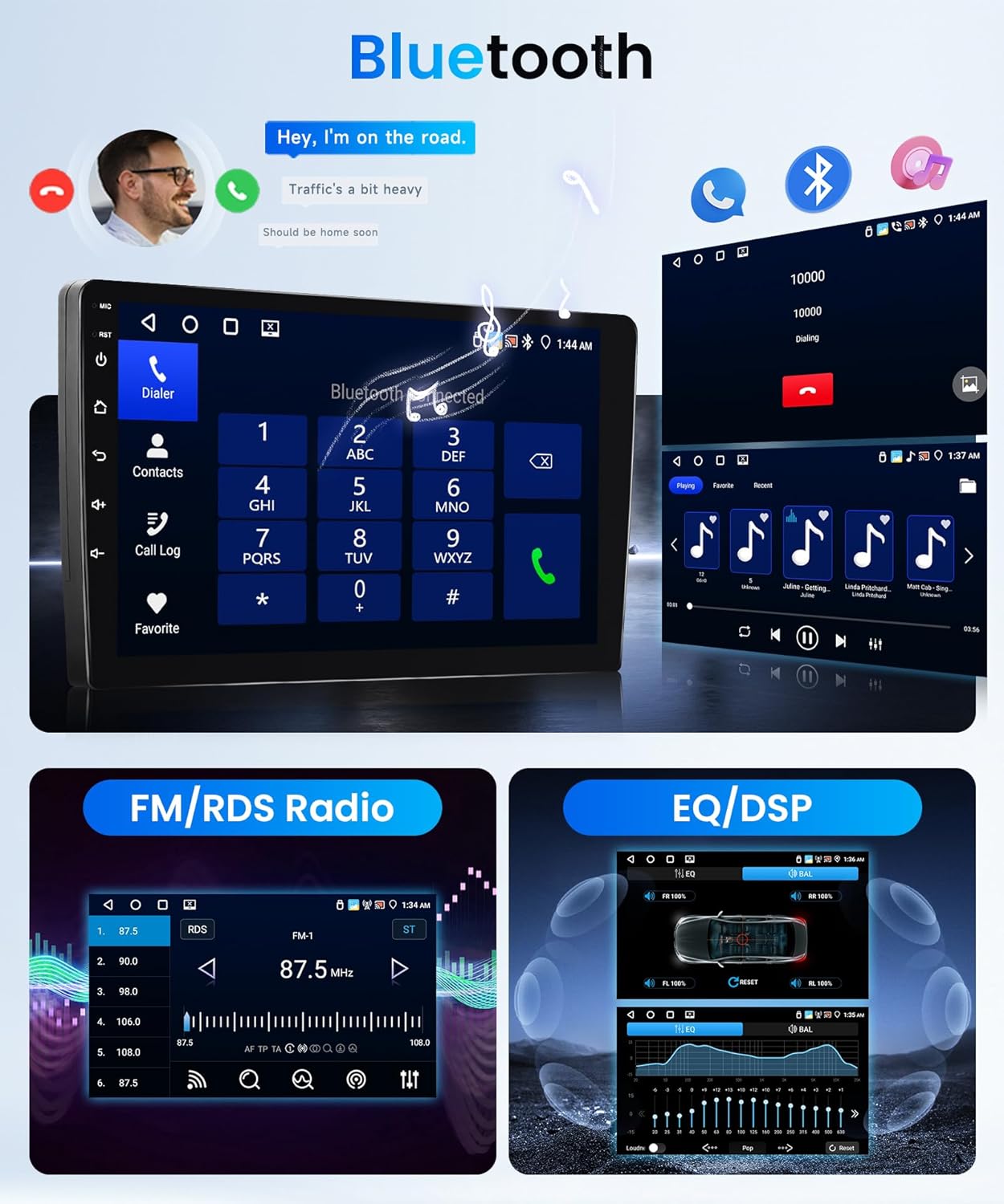 Screenshots of Bluetooth call interface, music playback, FM/RDS radio, and EQ/DSP settings