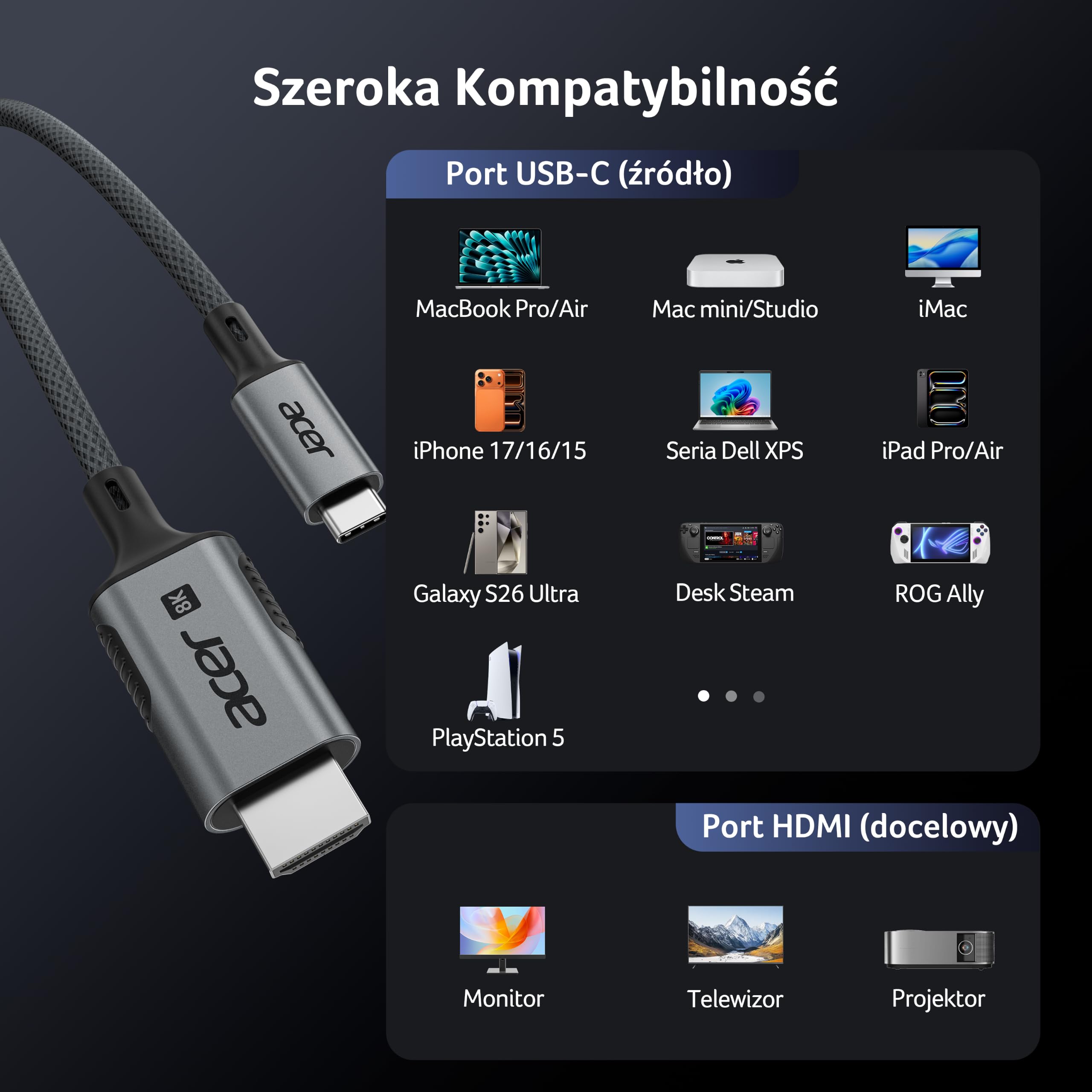 Acer Kabel USB-C do HDMI 2.1 2m (8K@60Hz,4K@240/144/120Hz)Thunderbolt 3 4 5 | Adapter HDMI Typu C, HDR10+, DHCP 2.3, Kompatybilny z iPhone 15/16/17 Pro, MacBook iPad Pro/Air, iMac, Surface, S26, XPS