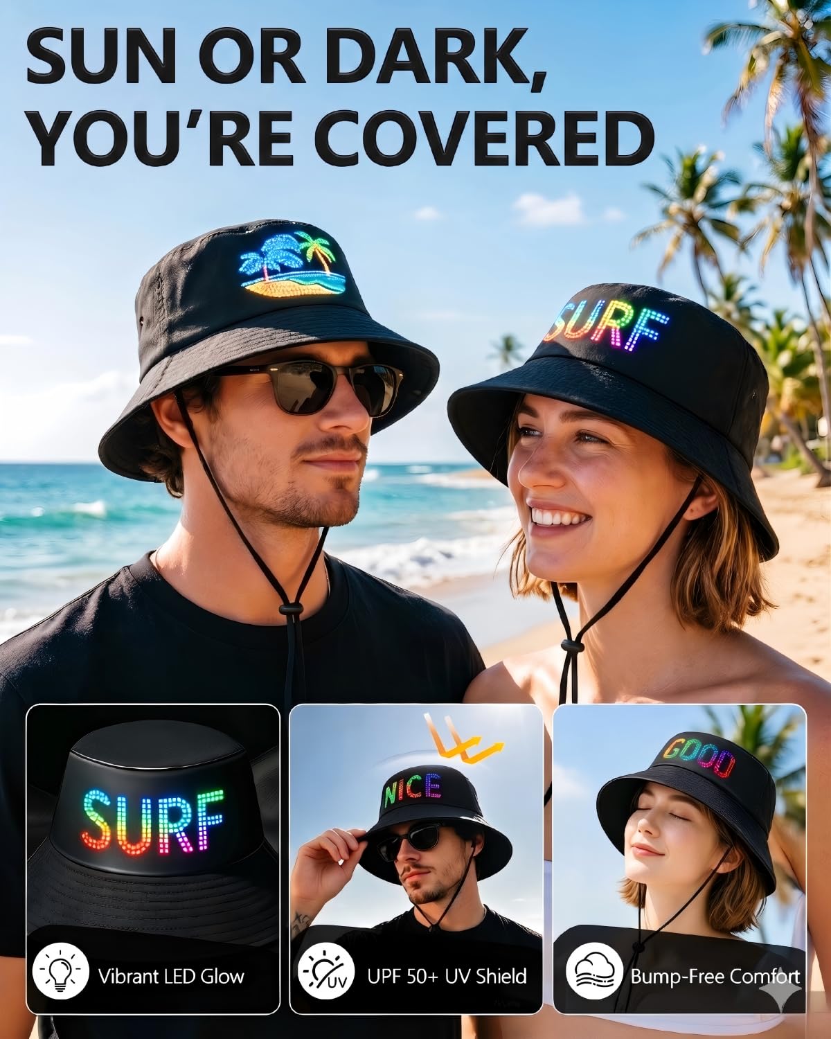 LED Bucket Hat Fischerhut Programmierbar mit App-Steuerung, Leuchtender Hut mit Laufschrift Display, Cyberpunk Festival Outfit Rave Partyhut für Herren Damen, USB-C, Schwarz