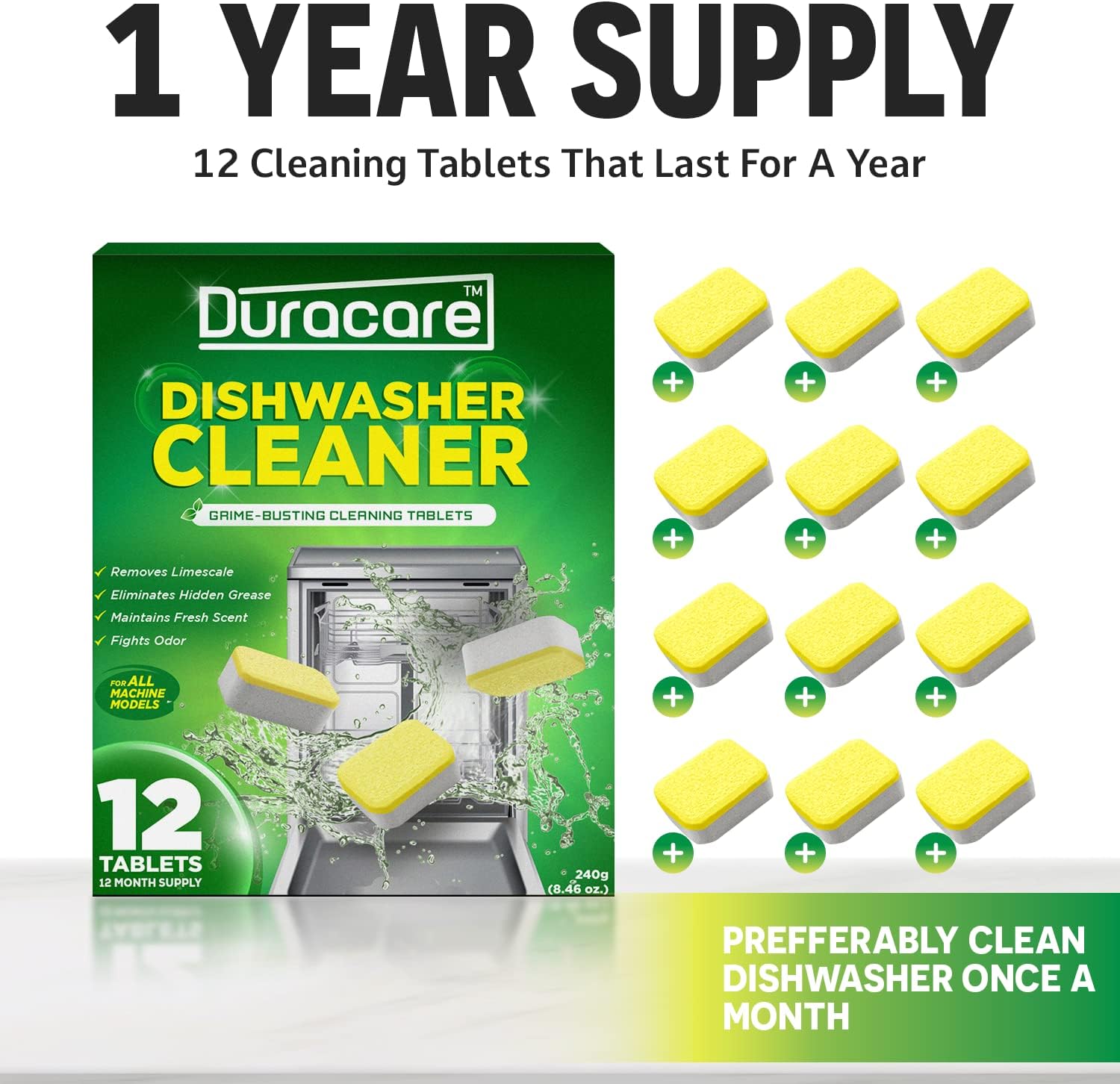 Duracare Dishwasher Cleaner and Deodorizer Cleaning Tablets - Removes Limescale Build Up, Hard Water Stains, Grease and Odor - Formulated to Clean Inside all Machines - 12 Dish Washer Cleaner Tablets : Health & Household