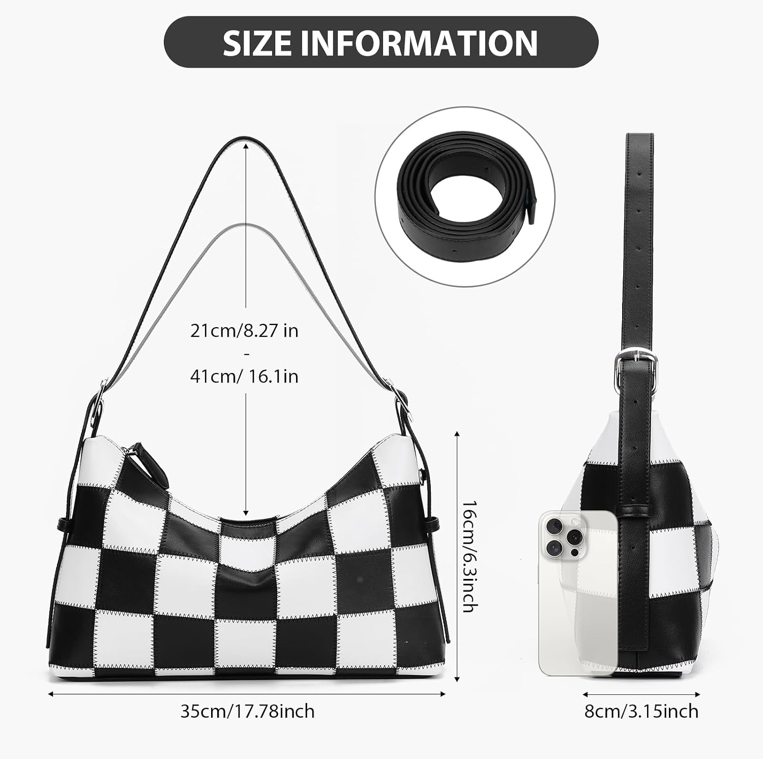 Black and White Checkered Shoulder Bag Tredny Checkered Crossbody Bag PU Leather Totes Hobo Handbag