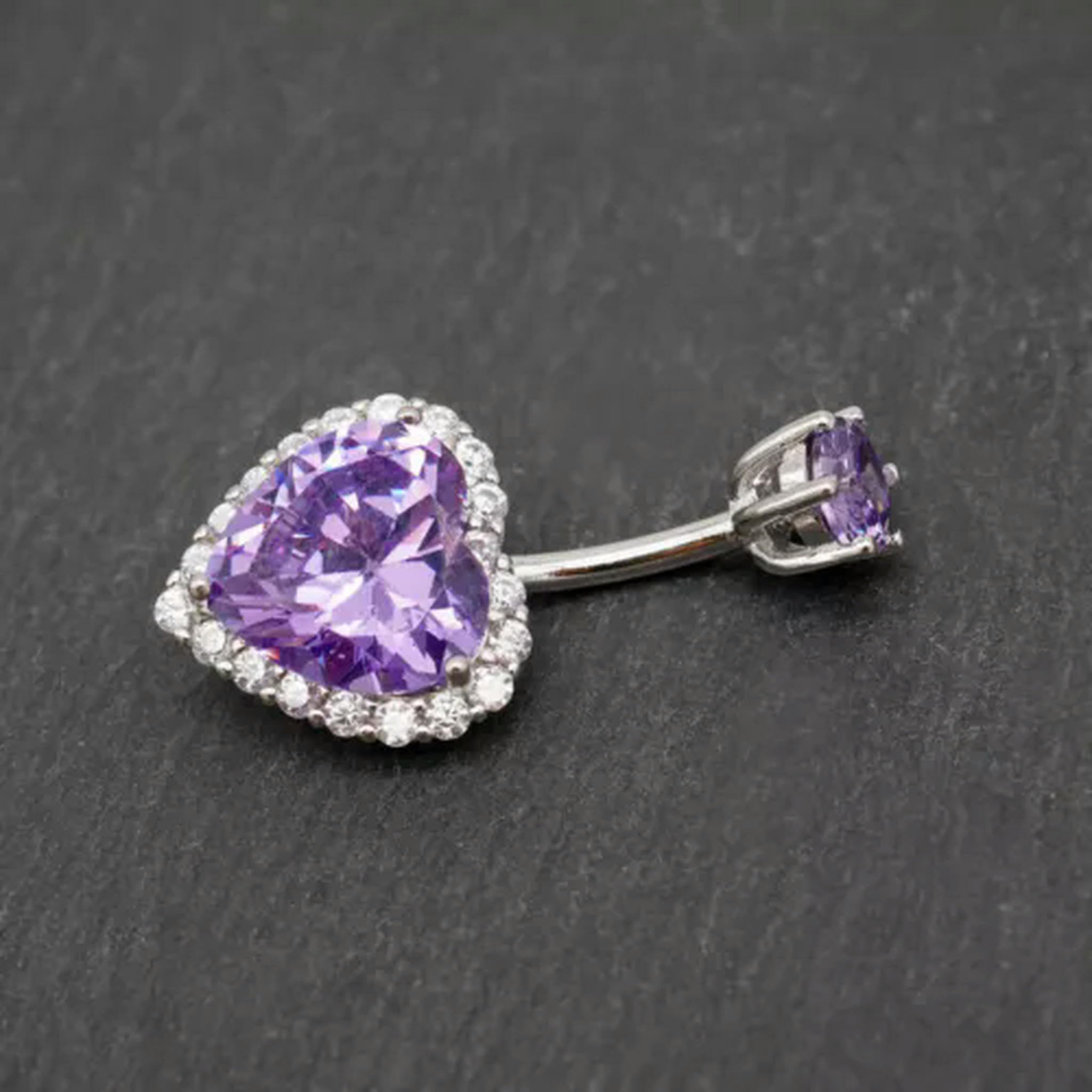 Piercing all'ombelico con Barra in Cristallo Viola a Forma di Cuore in Argento Sterling A1100-8mm